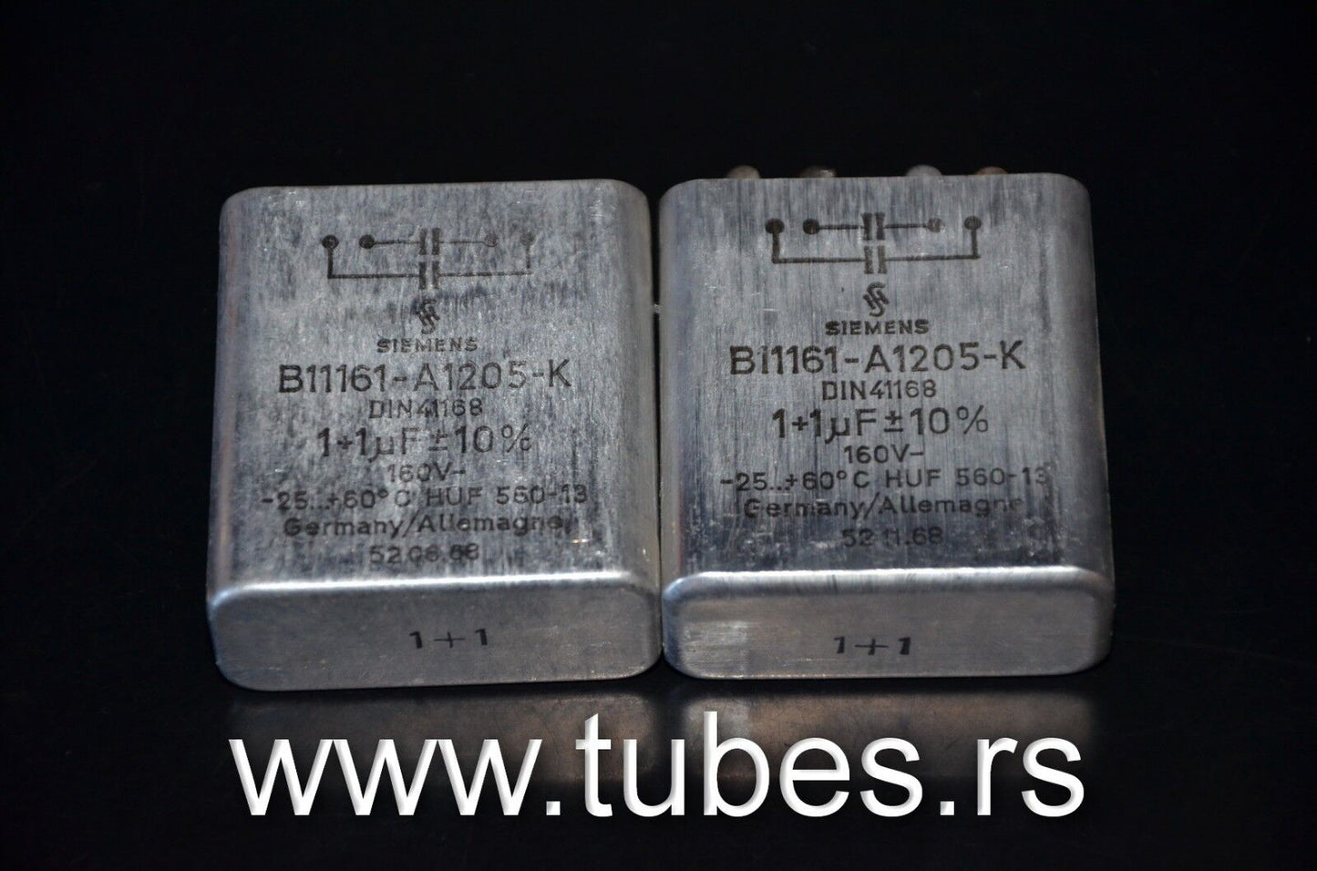 Two vintage Siemens PIO capacitors 1 uF + 1 uF 160V Klangfilm tube audio 1+1mfd