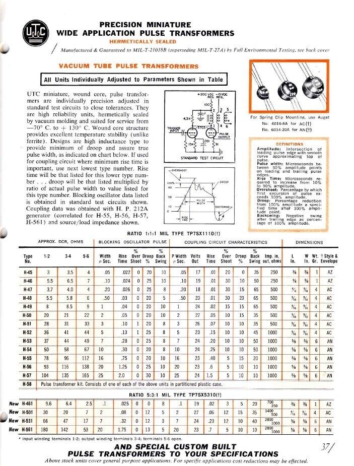 H-53 UTC NOS Pulse Transformer MIL-T-27A 5 Microsec United Transformer Corp.
