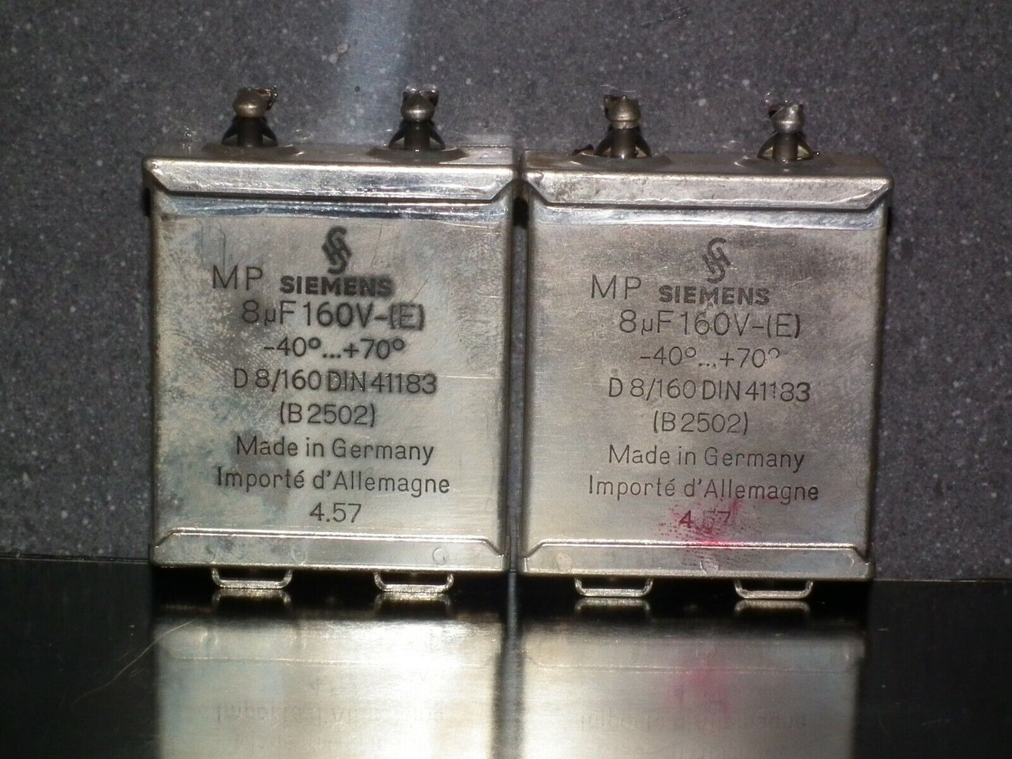 Two vintage Siemens PIO capacitors 8 uF 160V Klangfilm tube audio Glass End Seal