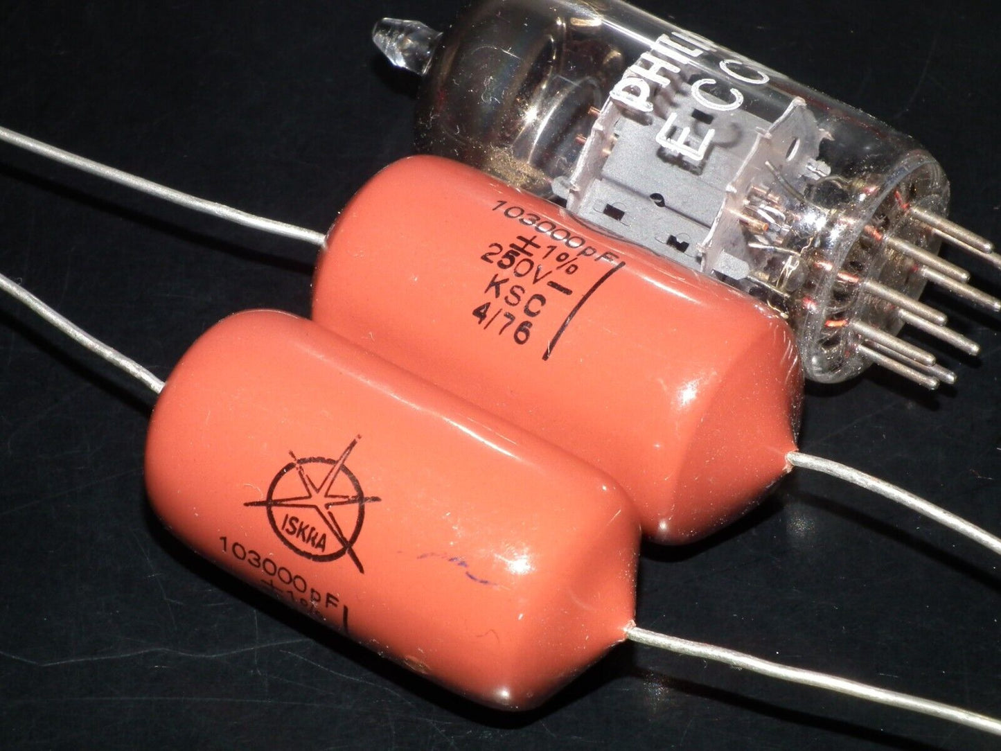 Two (2) Vintage ISKRA Polystyrene Styroflex KS Capacitors 0.1u 103nF 250V 1% 70s