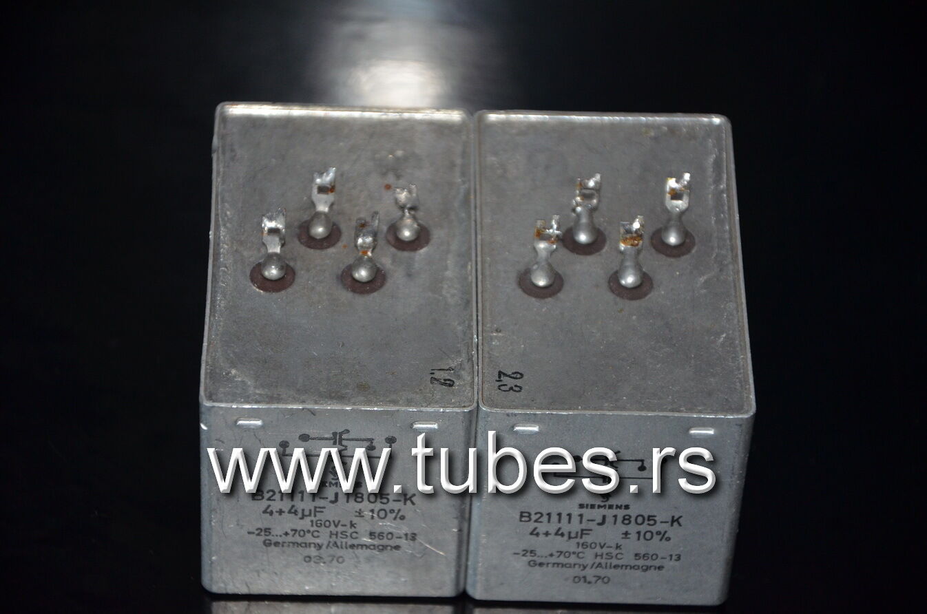 Two vintage Siemens PIO capacitors 4 + 4 uF / 160V Klangfilm from 60s-70s