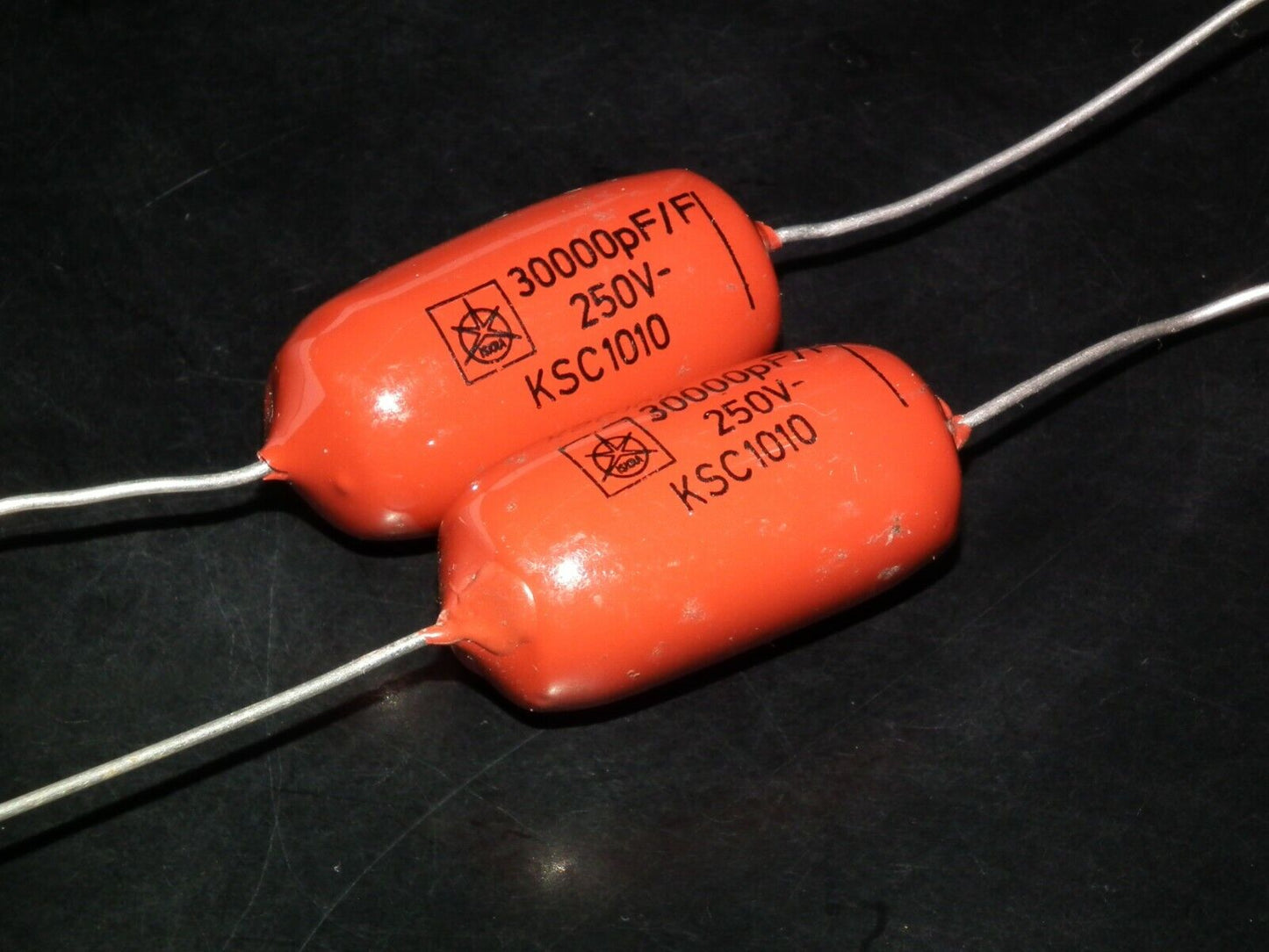 Two polystyrene capacitors 30000pF 0.03uF 250V ISKRA SIEMENS 1974 HI End Tube