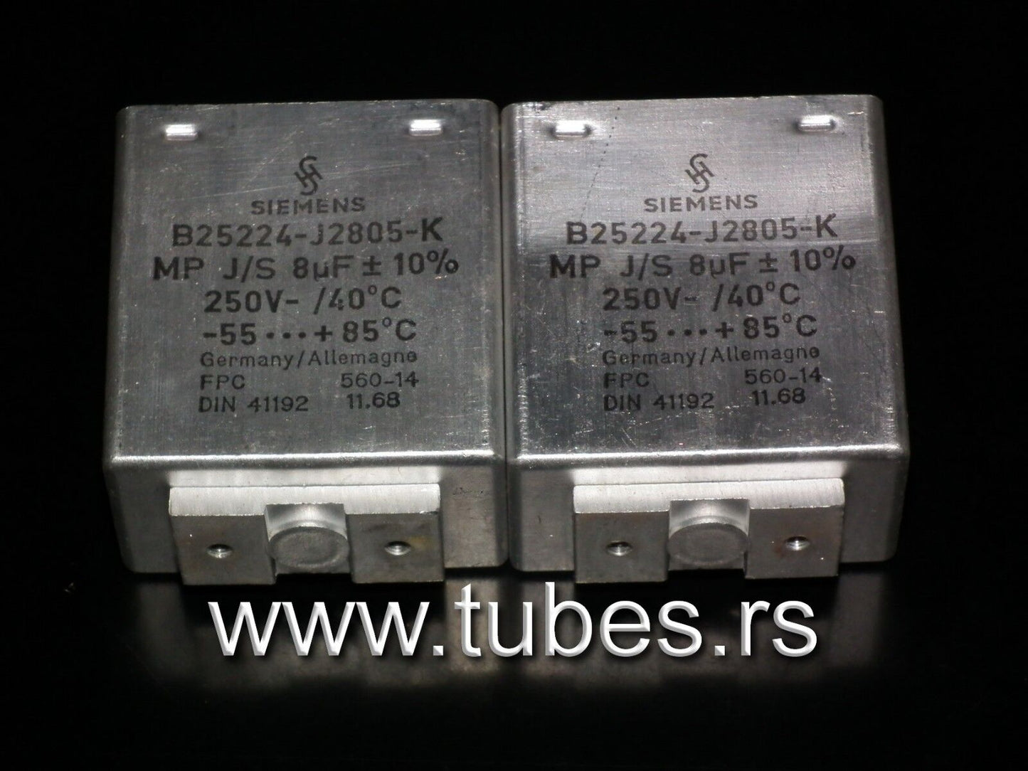 Two vintage Siemens PIO capacitors 8 uF / 250V Klangfilm tube audio West Germany