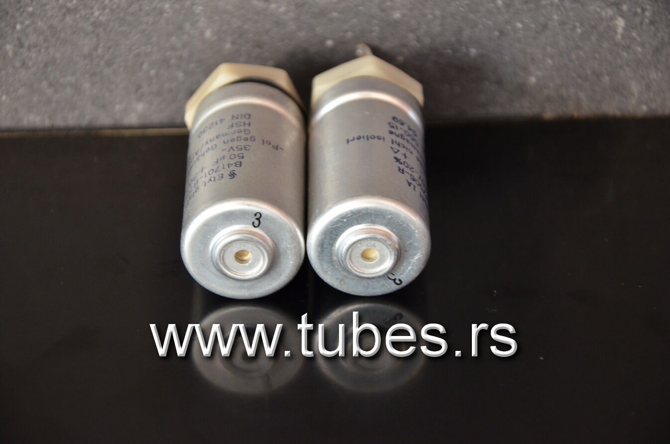 Two vintage Siemens electrolytic capacitors 50uF / 35V Klangfilm West Germany