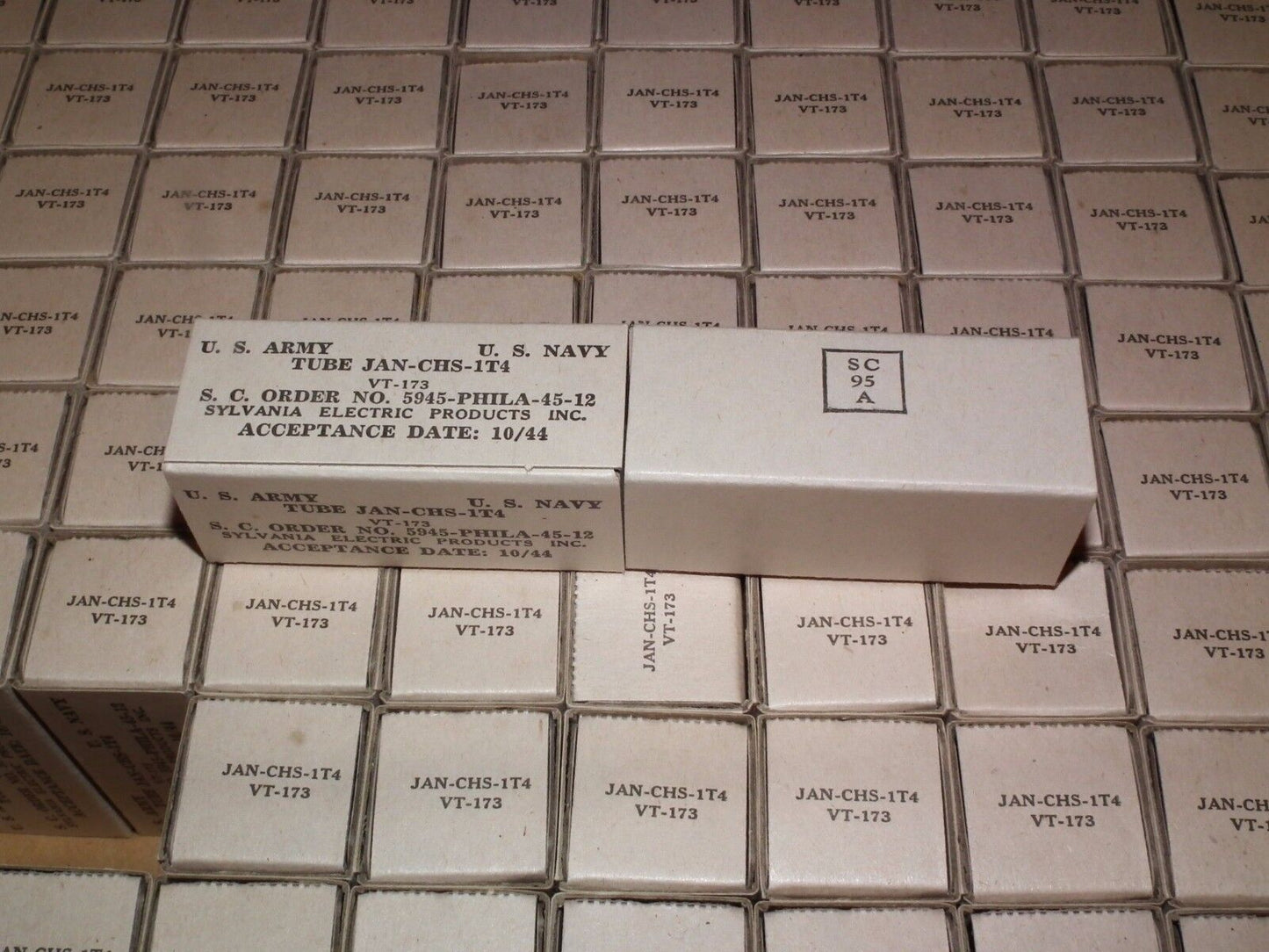 1T4 DF91 Sylvania NOS Platinum matched pair (rare square getter JAN WWII 1944)