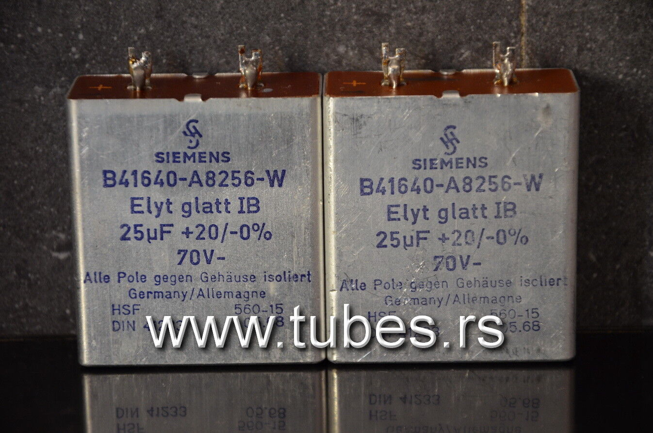 Two vintage Siemens electrolytic capacitors 25uF / 70V Klangfilm "Elyt glatt IB