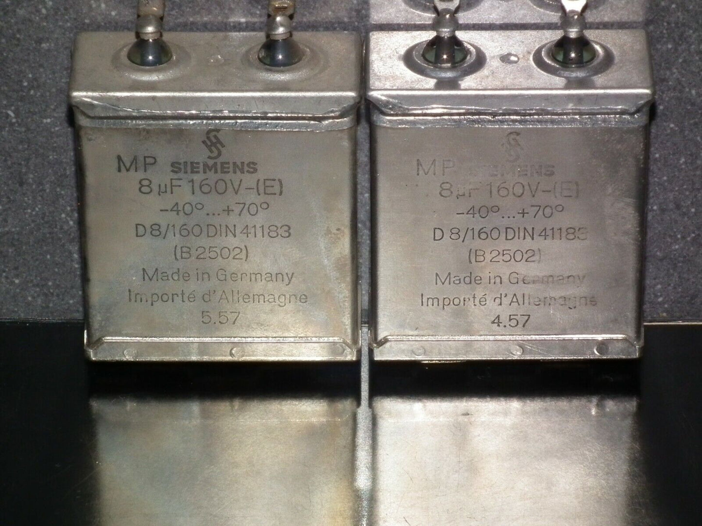 Two vintage Siemens PIO capacitors 8 uF 160V Klangfilm tube audio Glass End Seal