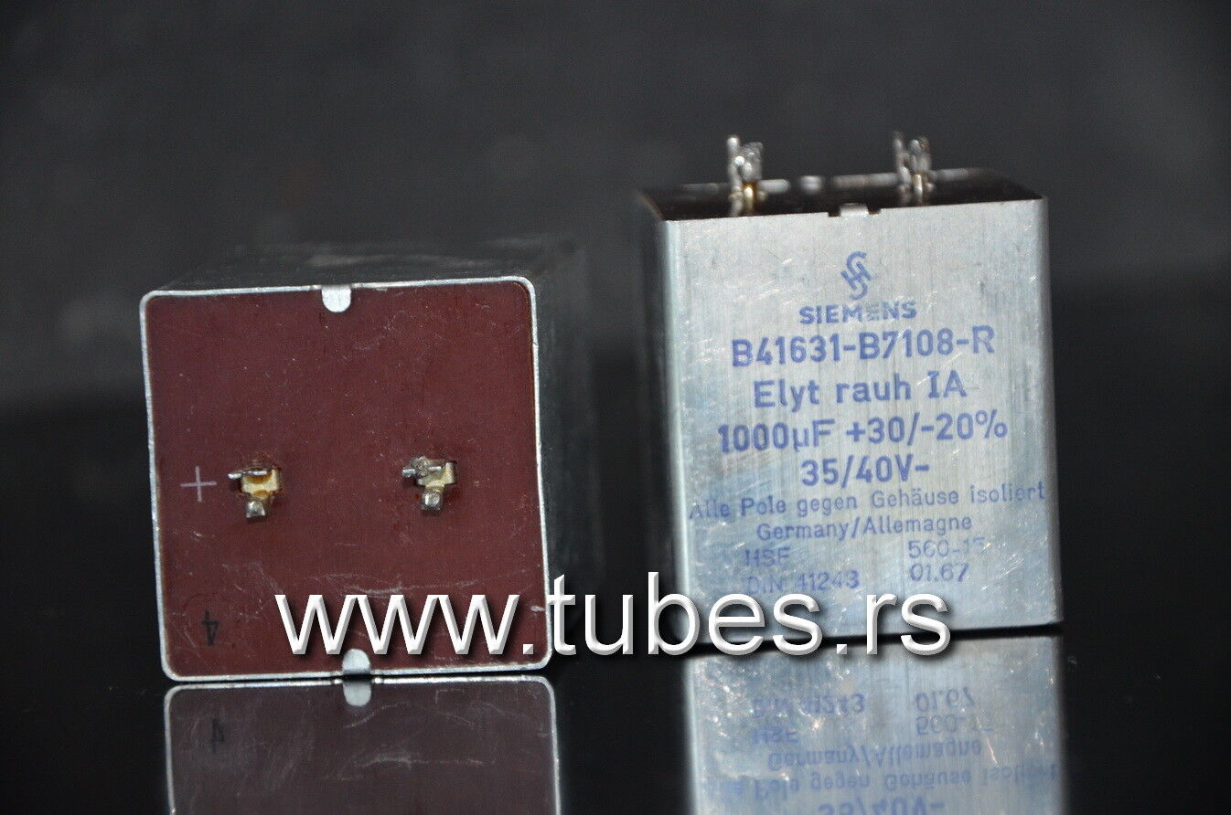 Two vintage Siemens electrolytic capacitors 1000uF 35V Klangfilm, West Germany