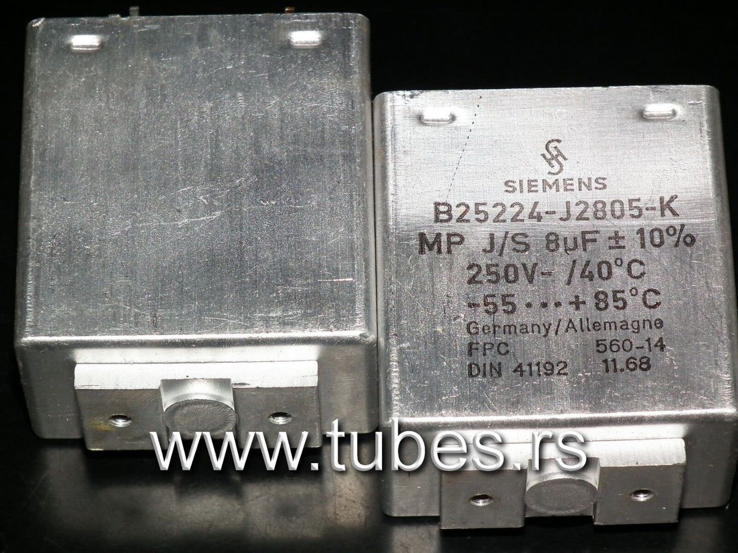 Two vintage Siemens PIO capacitors 8 uF / 250V Klangfilm tube audio West Germany