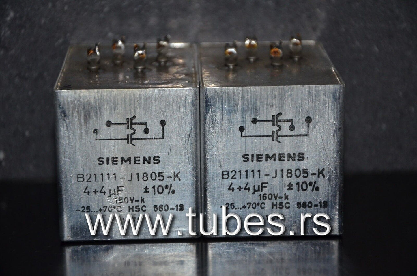 Two vintage Siemens PIO capacitors 4+4 uF 160V Klangfilm Made in W. Germany 1978