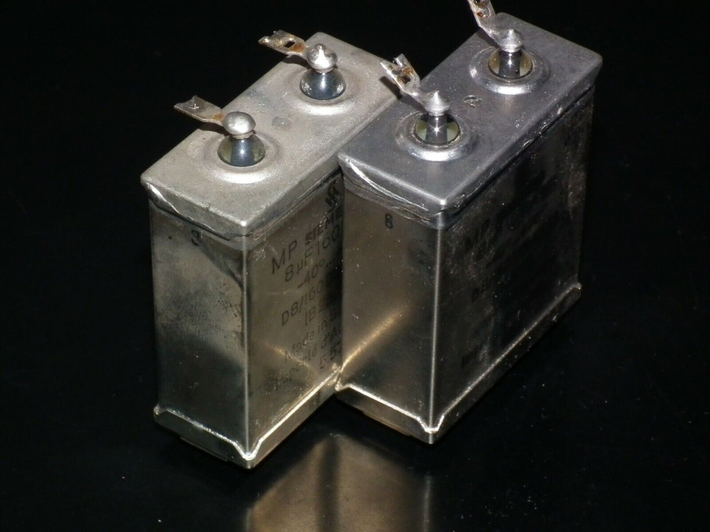 Two vintage Siemens PIO capacitors 8 uF 160V Klangfilm tube audio Glass End Seal
