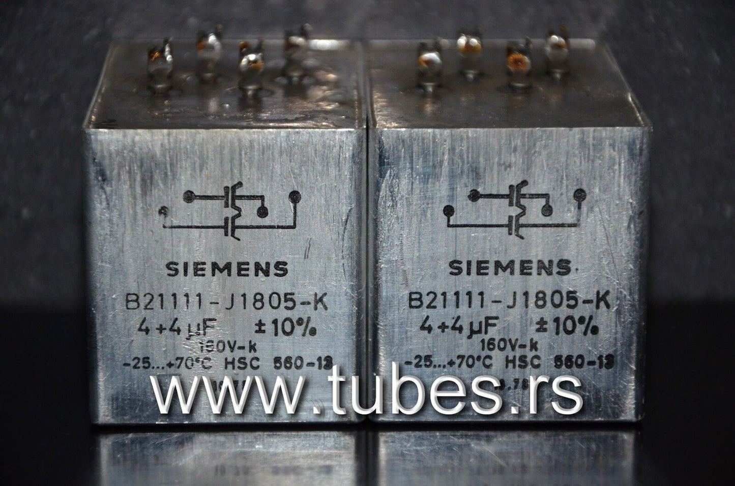 Two vintage Siemens PIO capacitors 4+4 uF 160V Klangfilm Made in W. Germany 1978