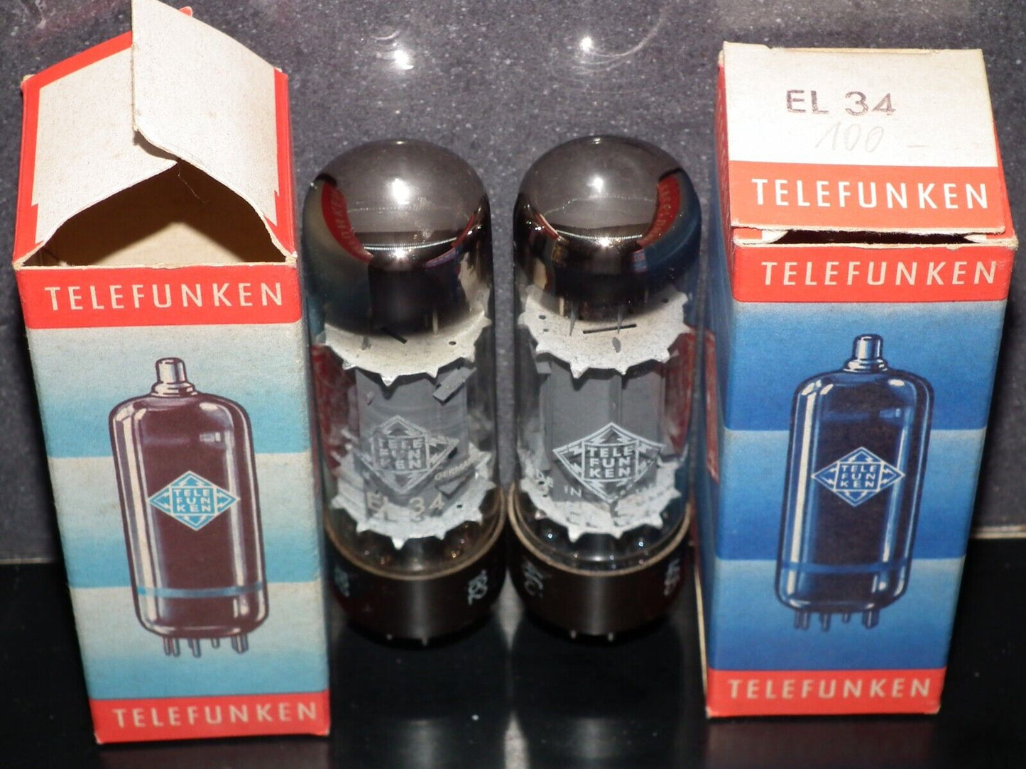 EL34 Telefunken OO Getter Brown Base NOS NIB Platinum Matched Pair Ulm W.Germany