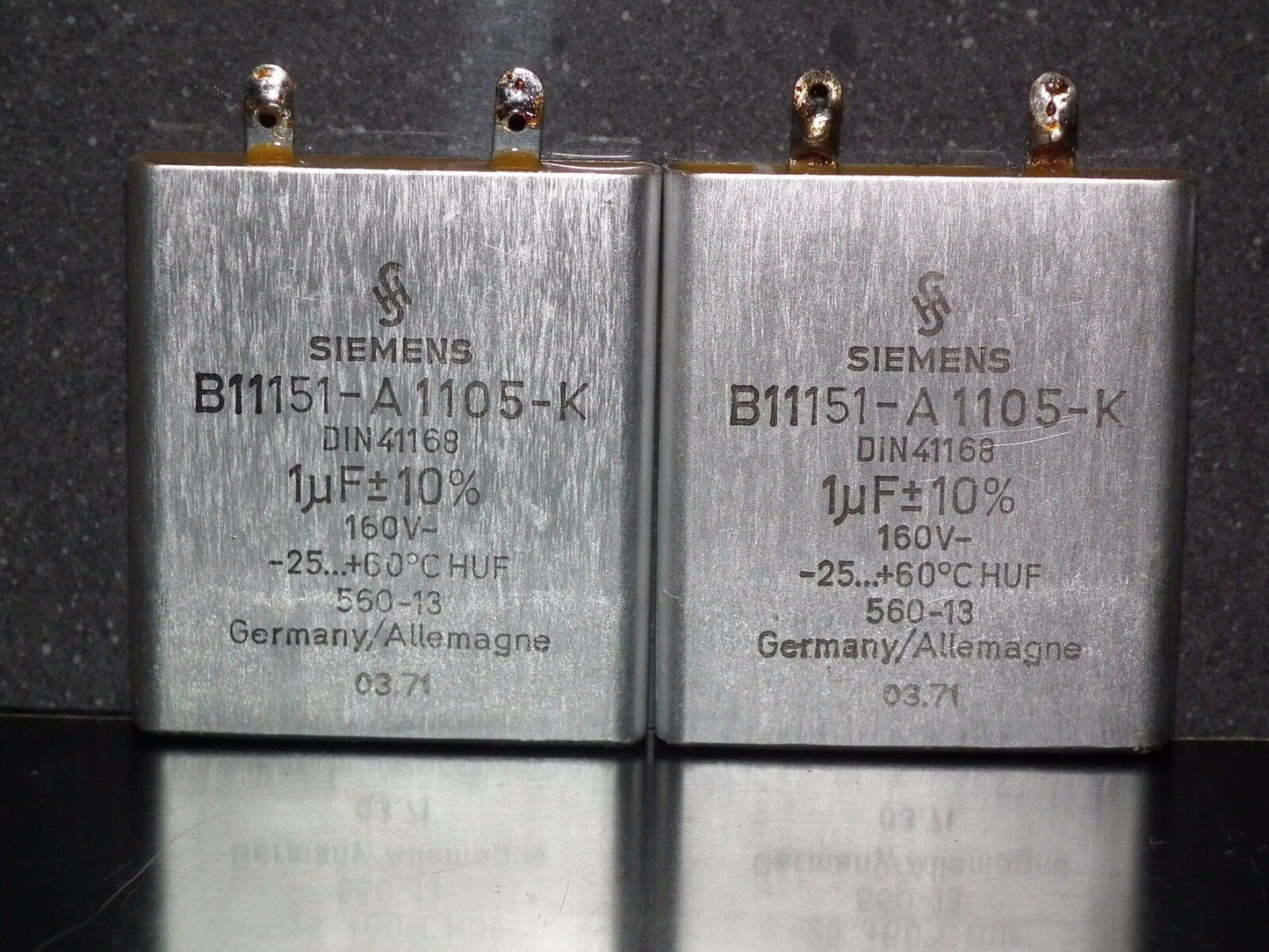 Two vintage Siemens PIO capacitors 1 uF 160V Klangfilm Made in Germany 1978