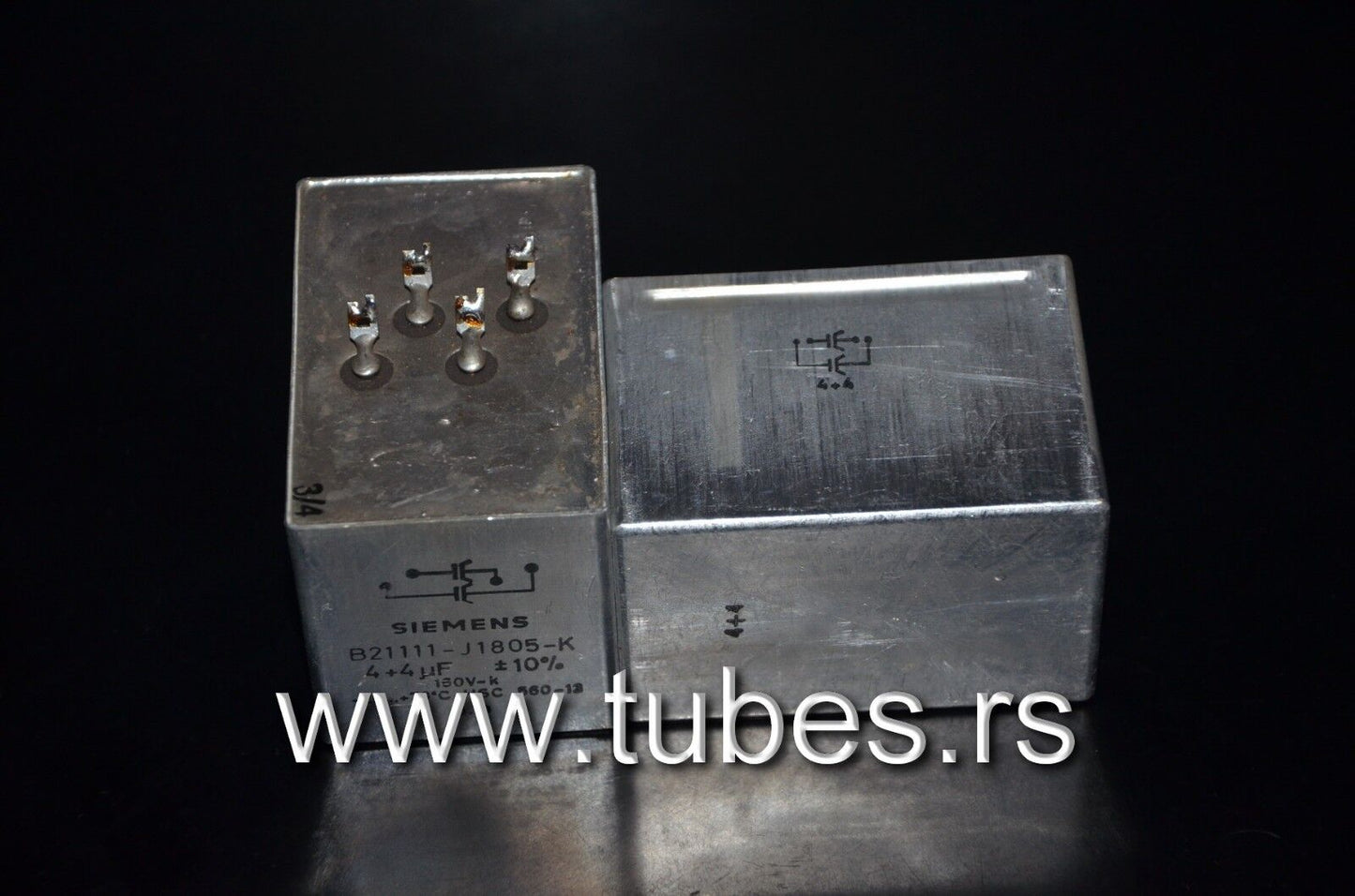 Two vintage Siemens PIO capacitors 4+4 uF 160V Klangfilm Made in W. Germany 1978