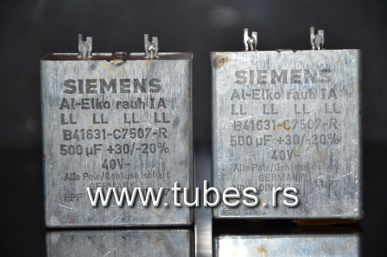 Two vintage Siemens electrolytic capacitors 500uF/35V Klangfilm Al-Elko rauh IA