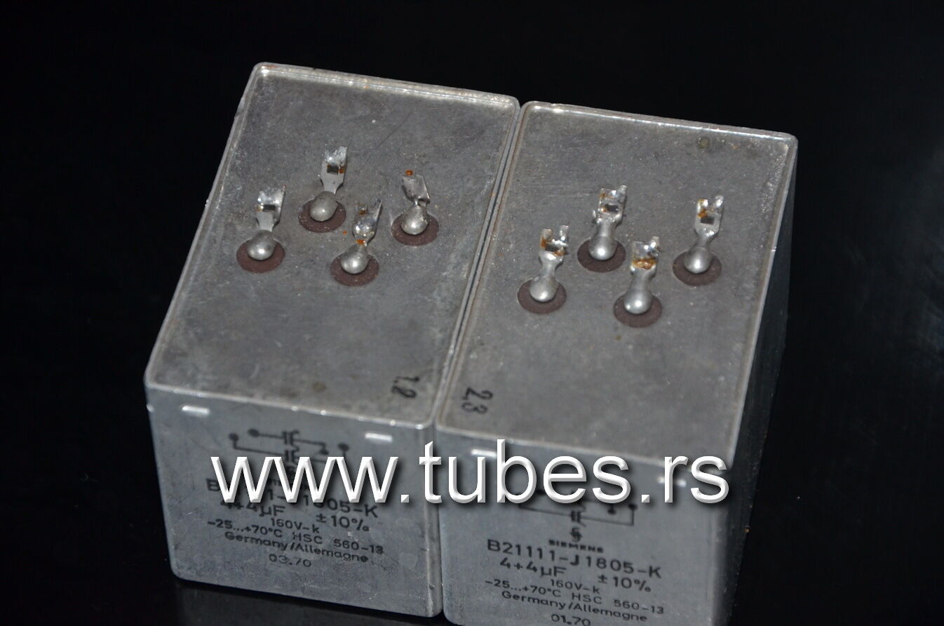 Two vintage Siemens PIO capacitors 4 + 4 uF / 160V Klangfilm from 60s-70s