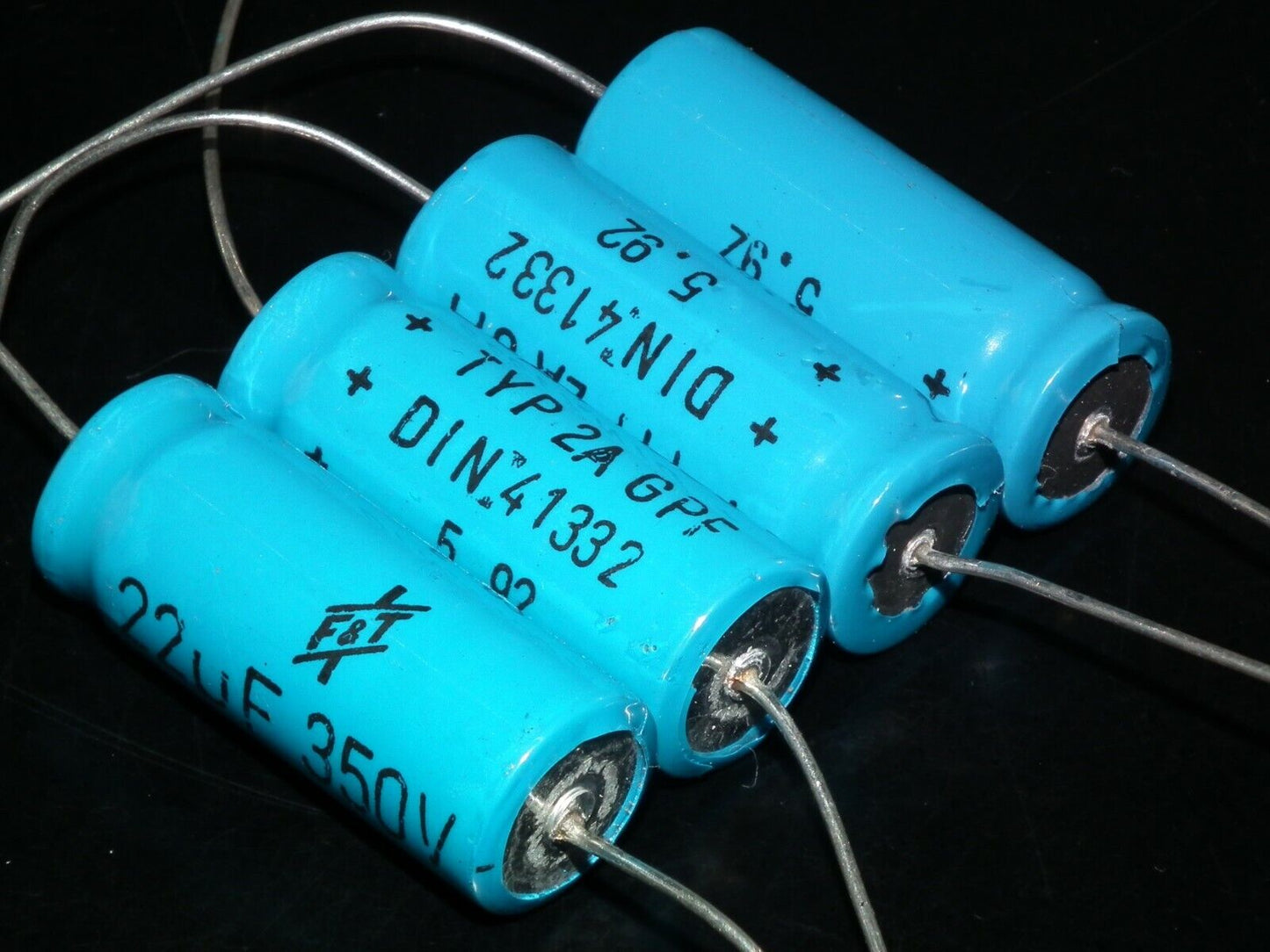 Two vintage NOS F&T electrolytic capacitors 22uF 350V Made in West Germany 70s