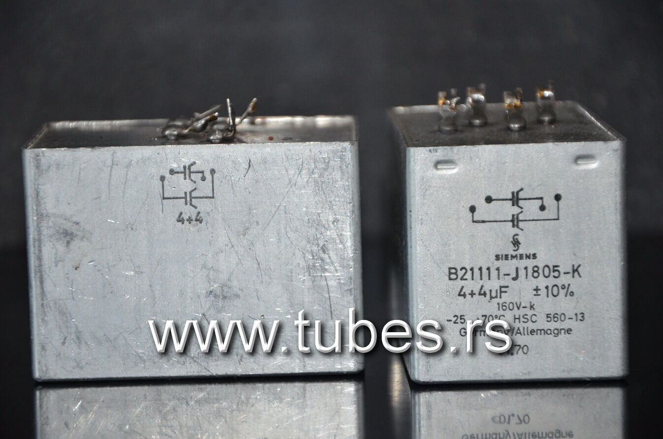Two vintage Siemens PIO capacitors 4 + 4 uF / 160V Klangfilm from 60s-70s