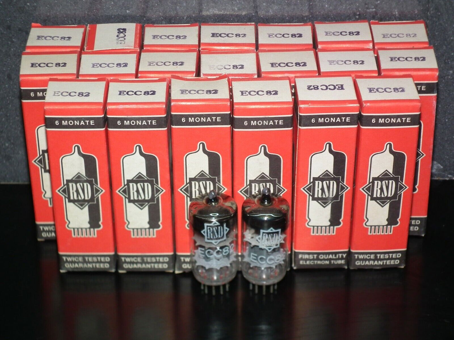ECC82 12AU7 RFT rebranded RSD, NOS NIB Platinum Matched Pair, the same codes 70s