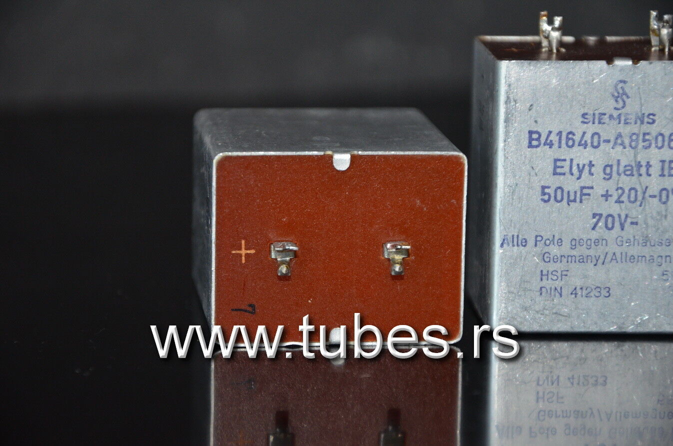 Two vintage Siemens electrolytic capacitors 50uF / 70V Klangfilm, Germany