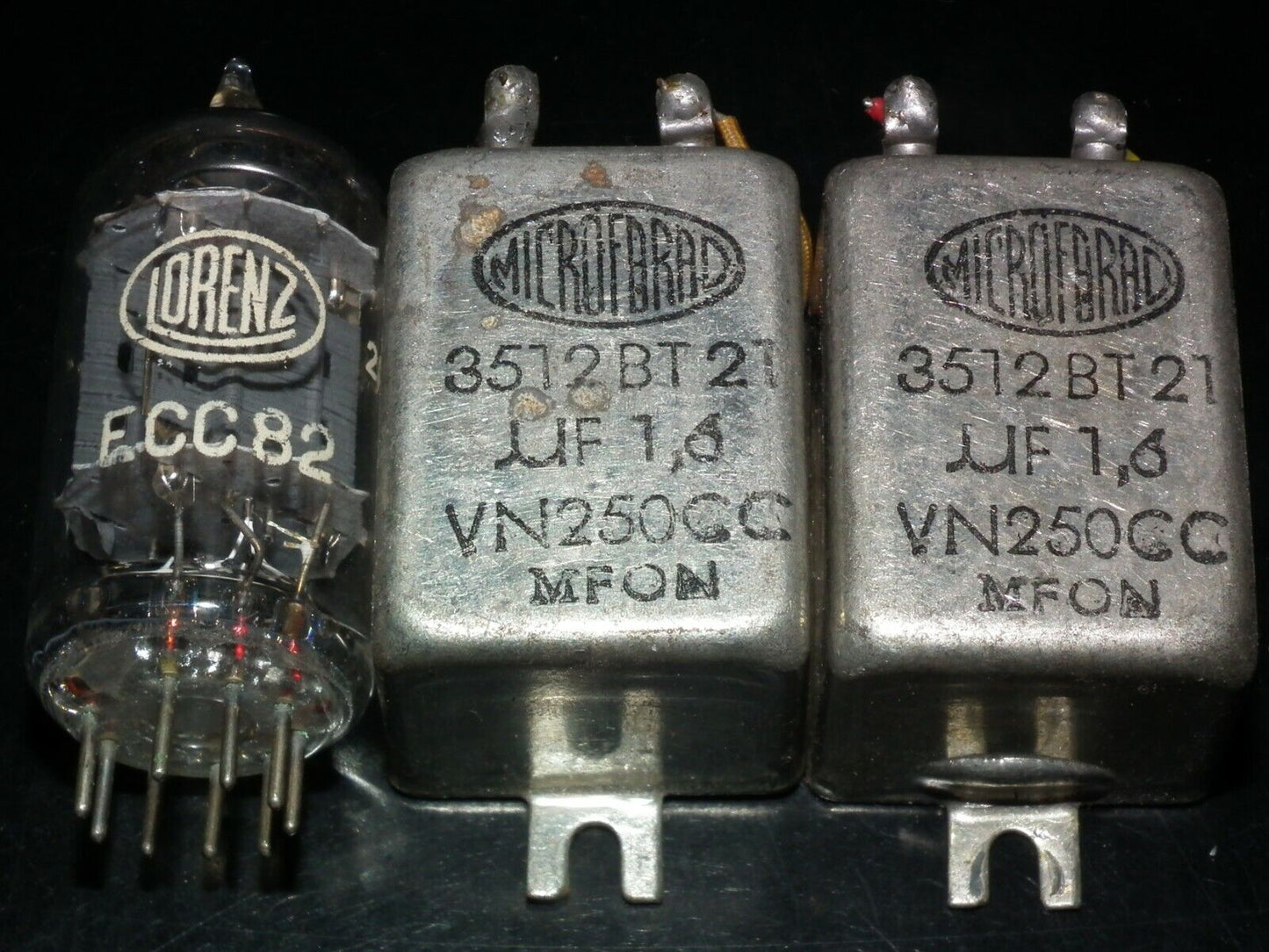 Two vintage PIO capacitors 1.6uF 250V MICROFARAD perfect for tube audio glass