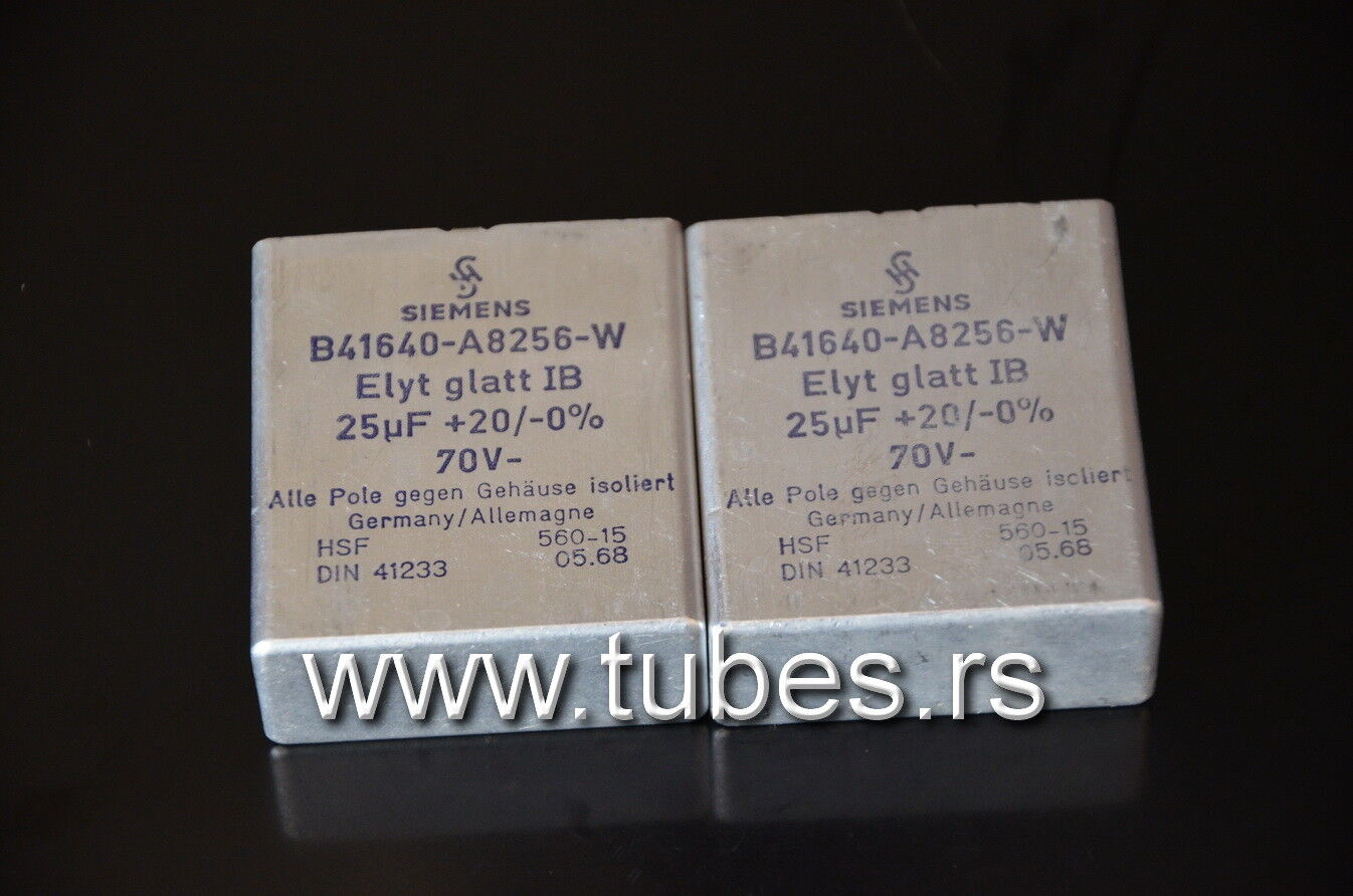 Two vintage Siemens electrolytic capacitors 25uF / 70V Klangfilm "Elyt glatt IB