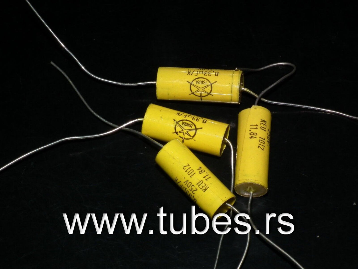 Four vintage ISKRA KEU capacitors 330nF 250V NOS Made in Yugoslavia in 1984