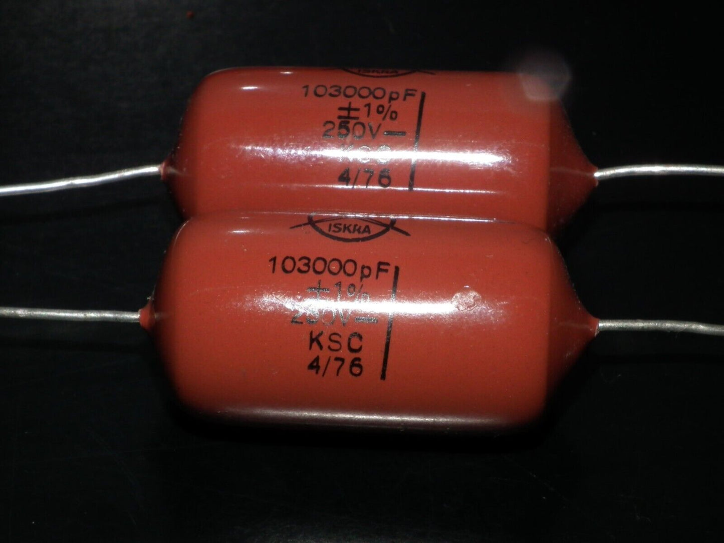Two (2) Vintage ISKRA Polystyrene Styroflex KS Capacitors 0.1u 103nF 250V 1% 70s