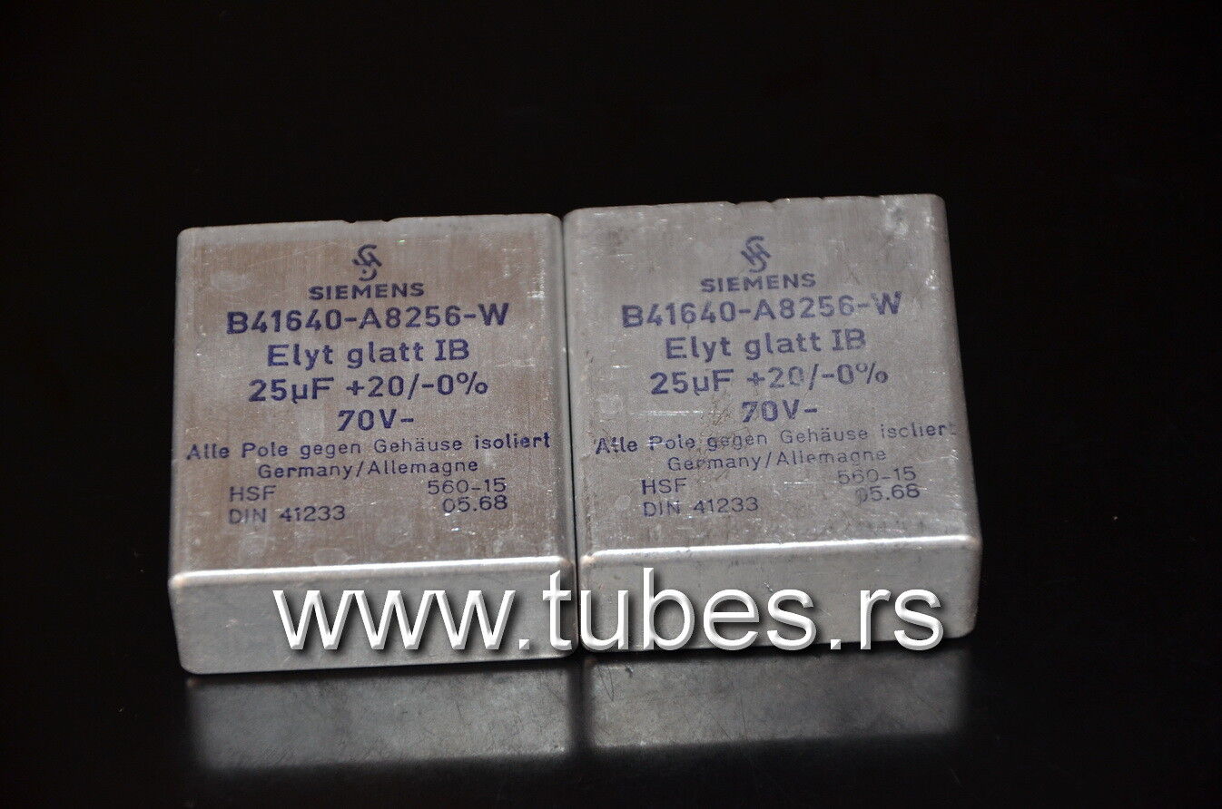 Two vintage Siemens electrolytic capacitors 25uF / 70V Klangfilm "Elyt glatt IB