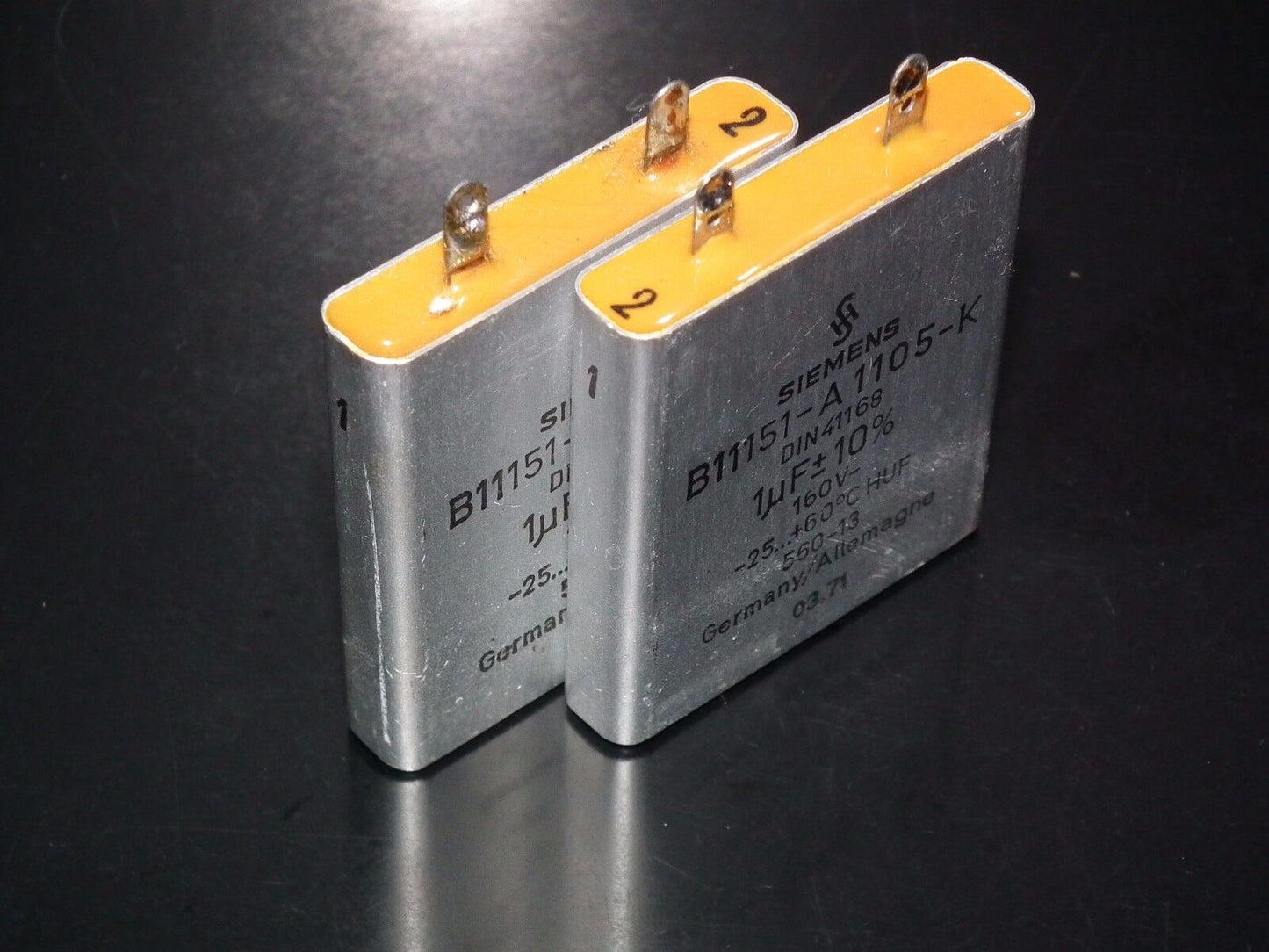 Two vintage Siemens PIO capacitors 1 uF 160V Klangfilm Made in Germany 1978