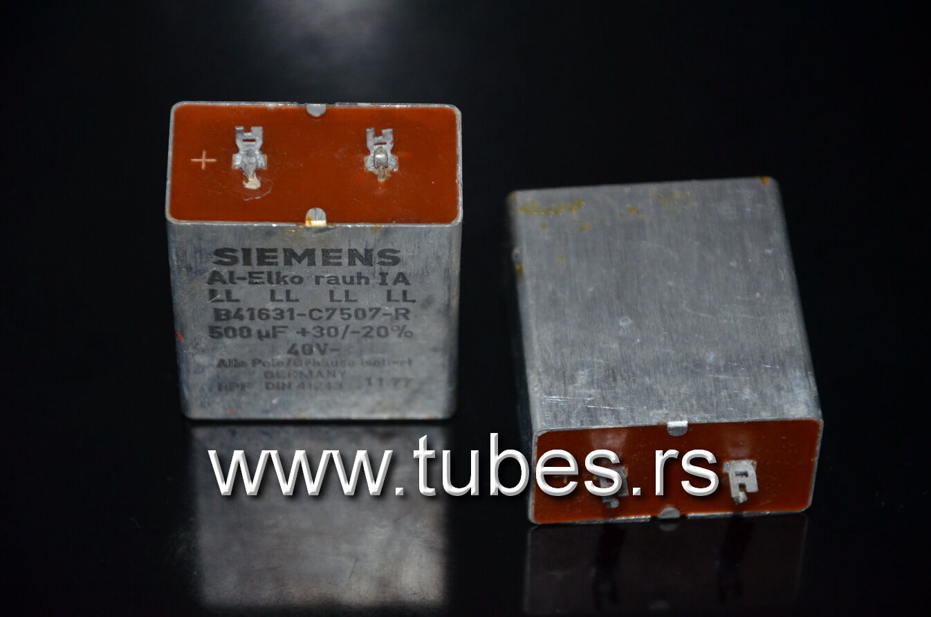 Two vintage Siemens electrolytic capacitors 500uF/35V Klangfilm Al-Elko rauh IA