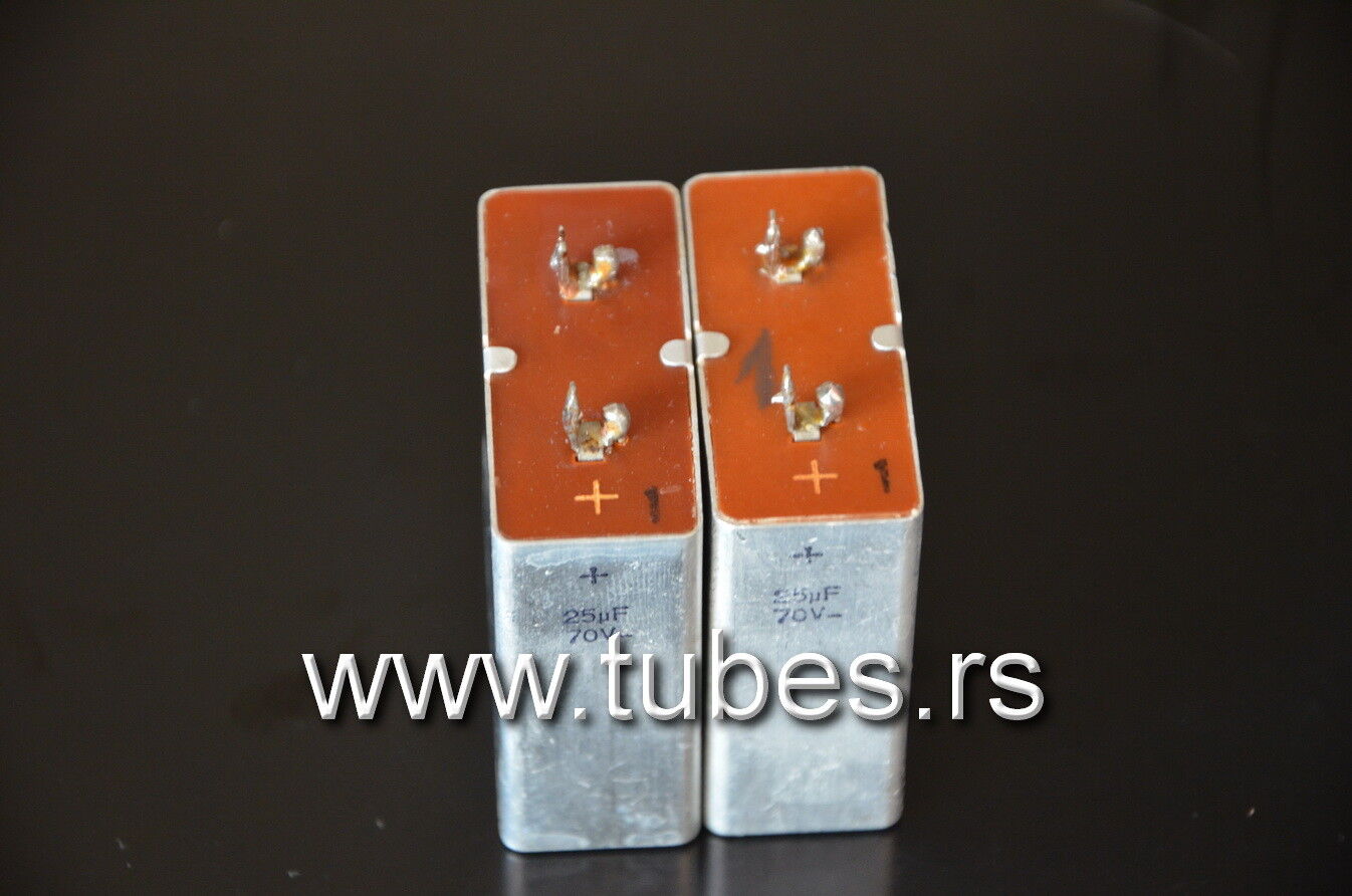 Two vintage Siemens electrolytic capacitors 25uF / 70V Klangfilm "Elyt glatt IB