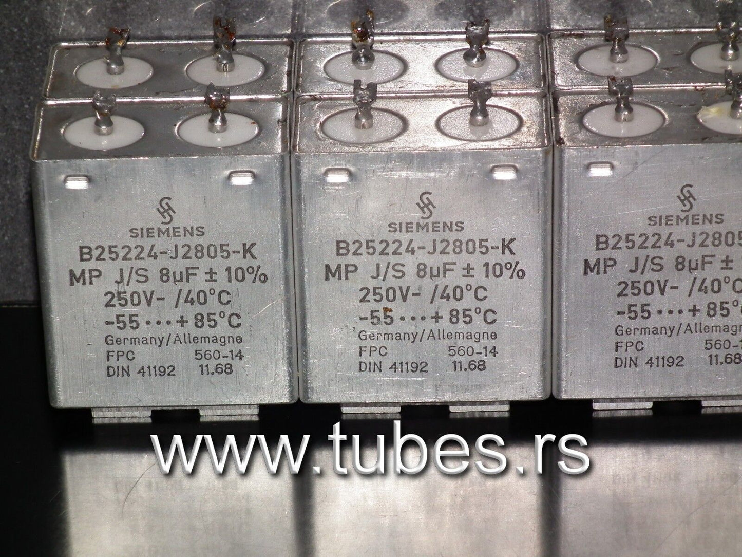 Two vintage Siemens PIO capacitors 8 uF / 250V Klangfilm tube audio West Germany