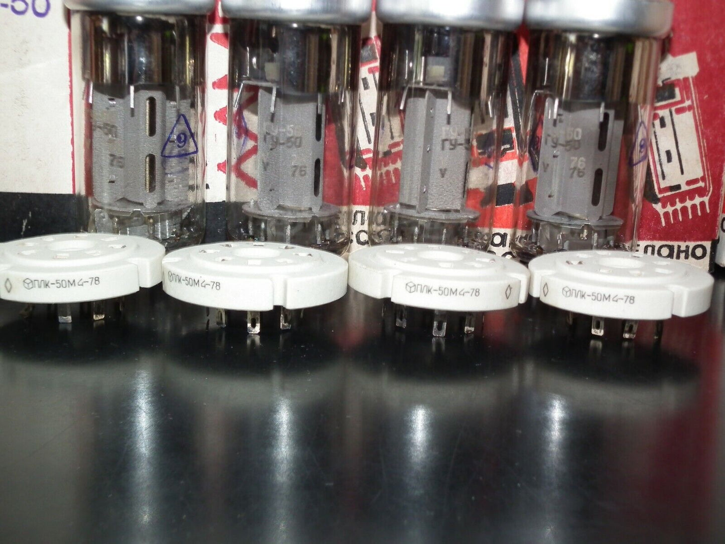 Platinum matched quad GU50 NOS NIB + 4 NOS ceramic sockets