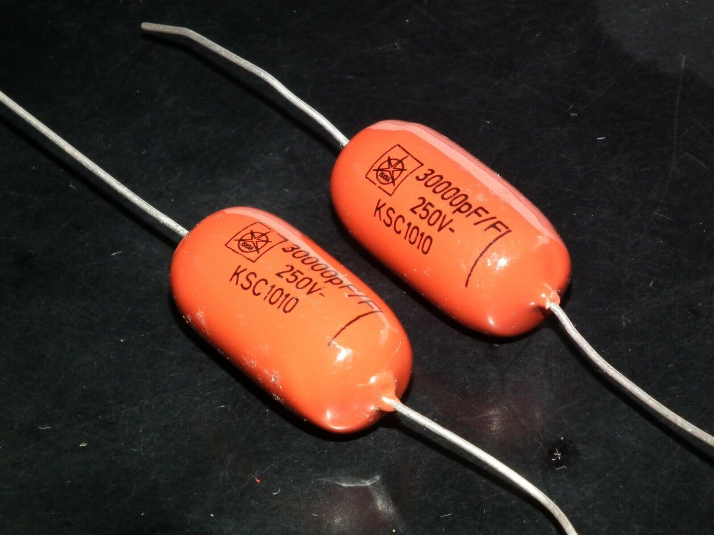 Two polystyrene capacitors 30000pF 0.03uF 250V ISKRA SIEMENS 1974 HI End Tube