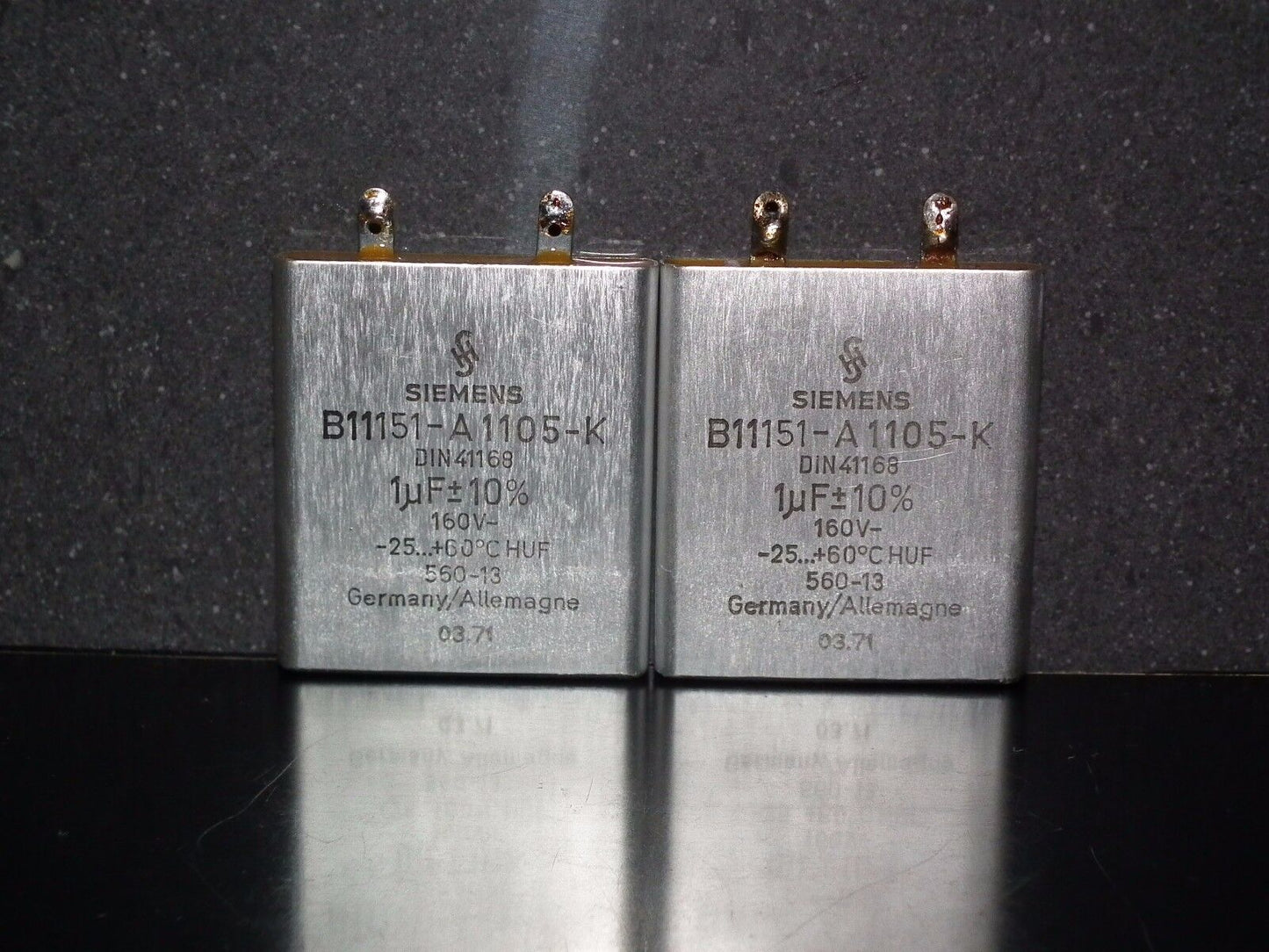 Two vintage Siemens PIO capacitors 1 uF 160V Klangfilm Made in Germany 1978