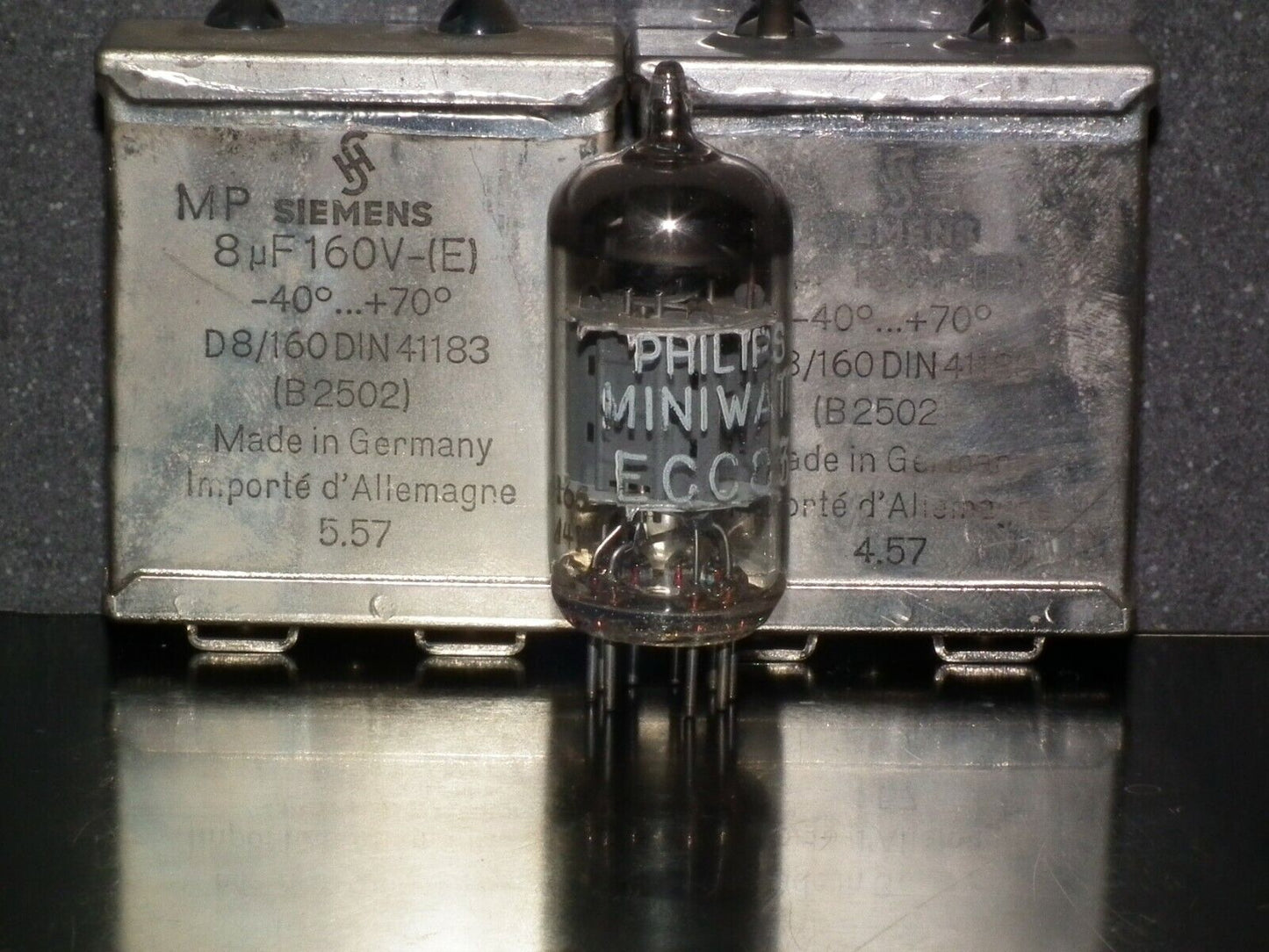Two vintage Siemens PIO capacitors 8 uF 160V Klangfilm tube audio Glass End Seal