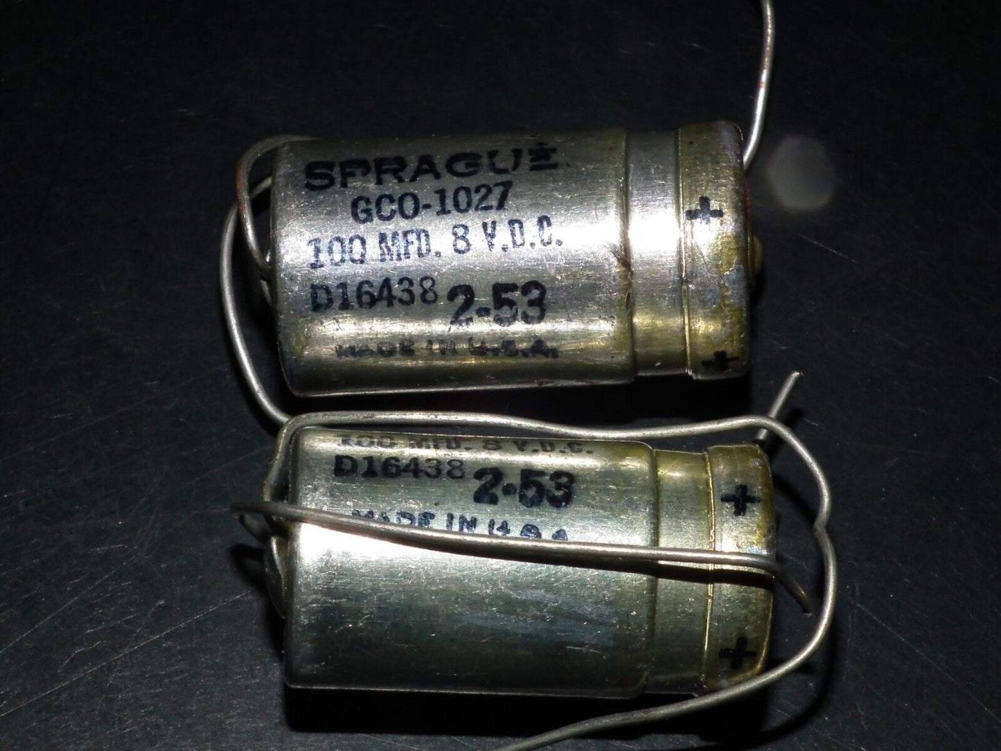 Two (2 pcs) Vintage NOS Capacitors Sprague 100uF 8V
