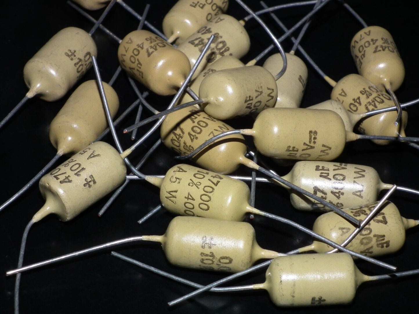 Two vintage Mullard Mustard Capacitors 0.047mfd / 400V (47nF) Marshall,Fender