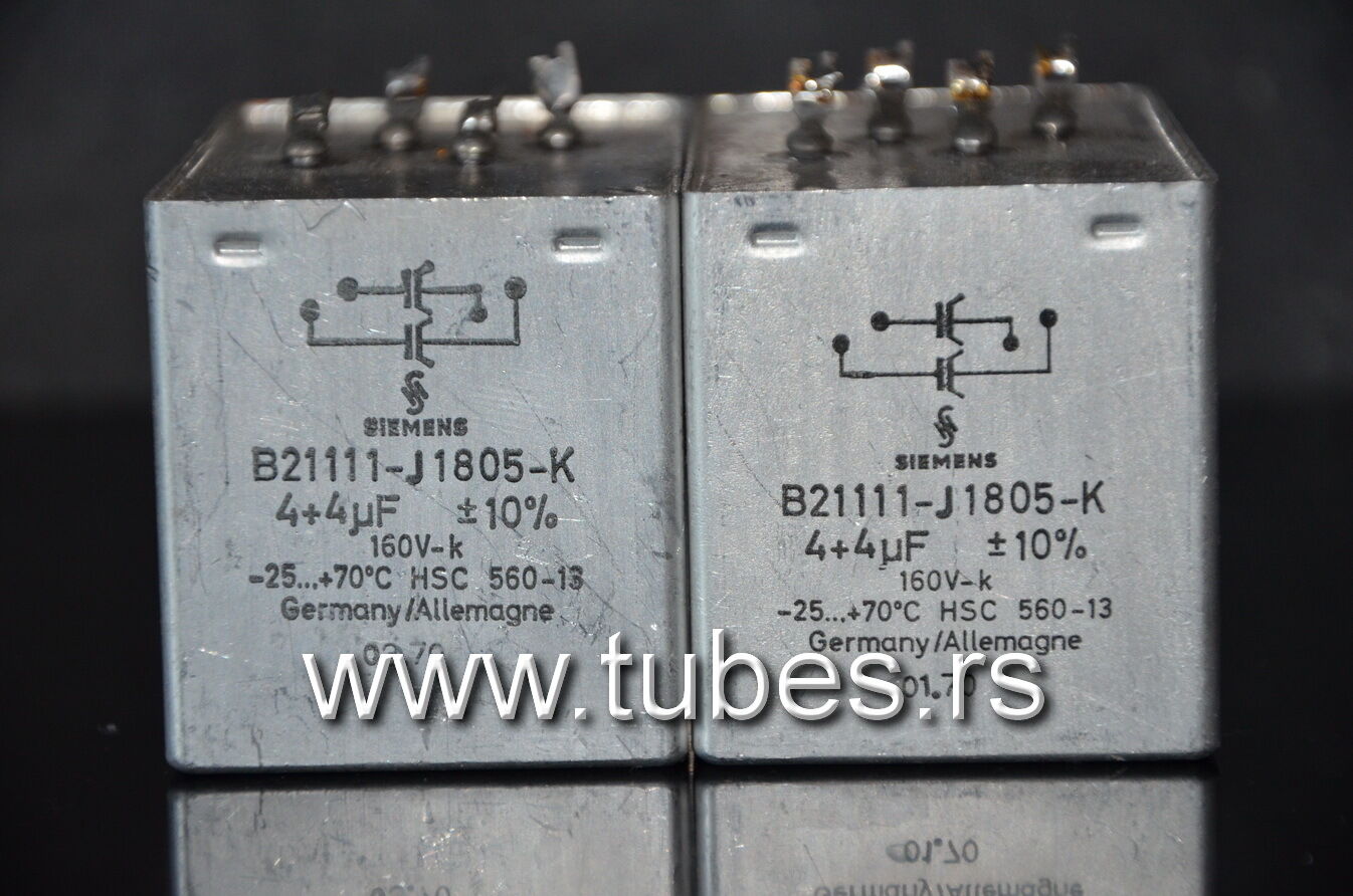 Two vintage Siemens PIO capacitors 4 + 4 uF / 160V Klangfilm from 60s-70s