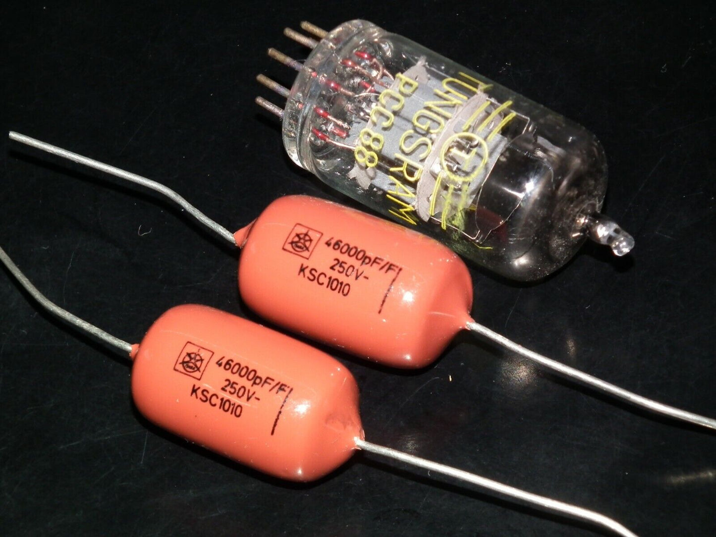 Two polystyrene capacitors 46000pF 0.046uF 250V ISKRA SIEMENS 1974 HI End Tube