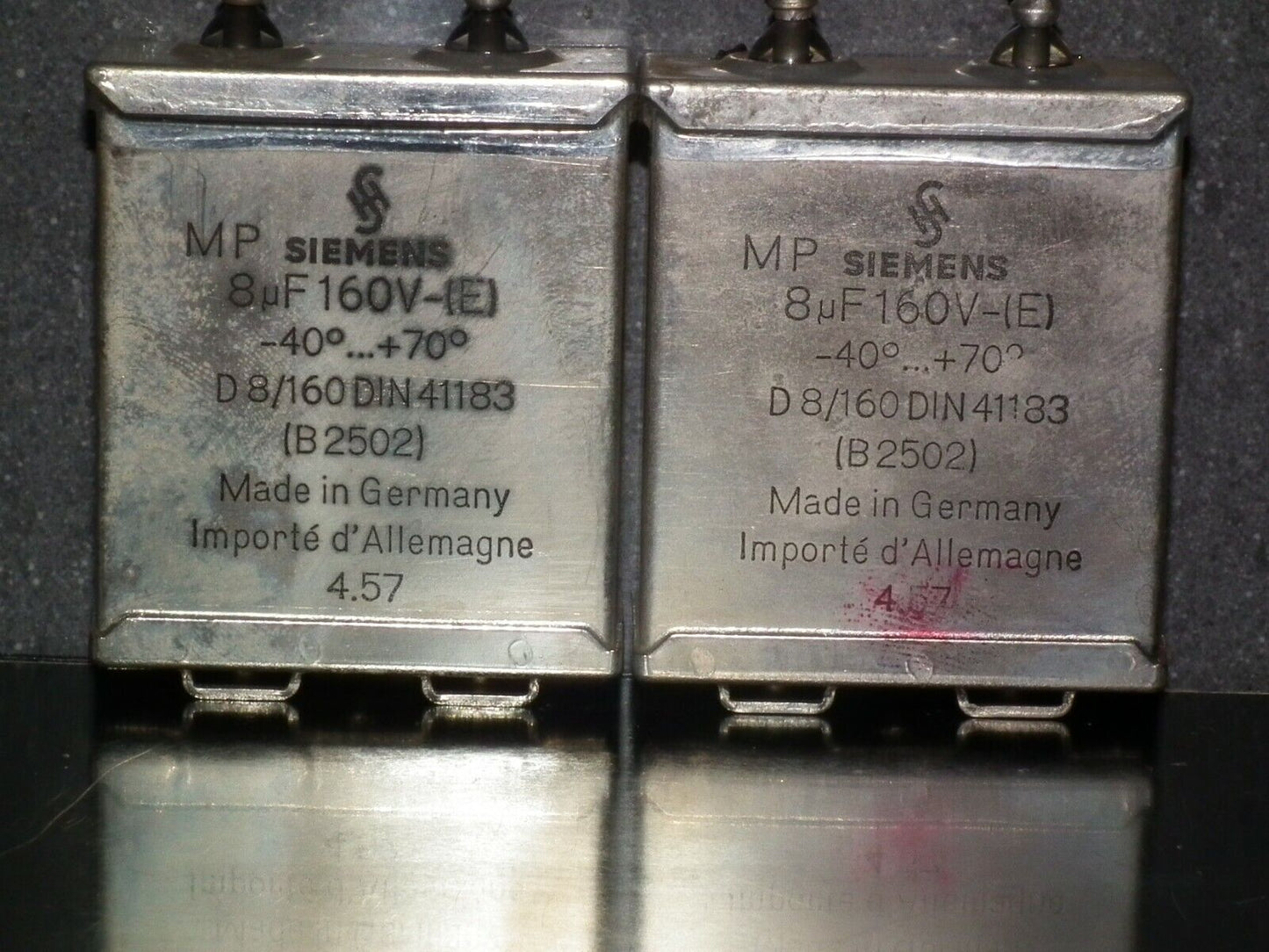 Two vintage Siemens PIO capacitors 8 uF 160V Klangfilm tube audio Glass End Seal