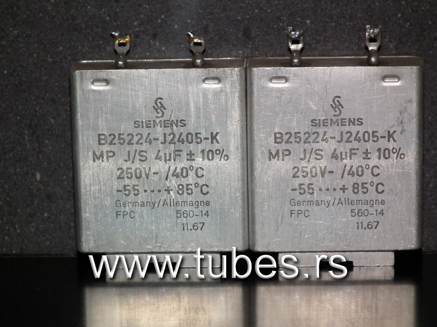 Two vintage Siemens PIO capacitors 4.0 uF / 250V Klangfilm tube audio
