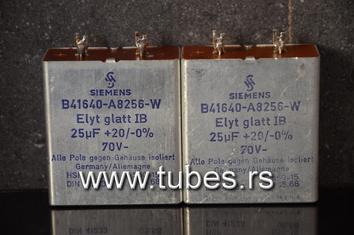 Two vintage Siemens electrolytic capacitors 25uF / 70V Klangfilm "Elyt glatt IB