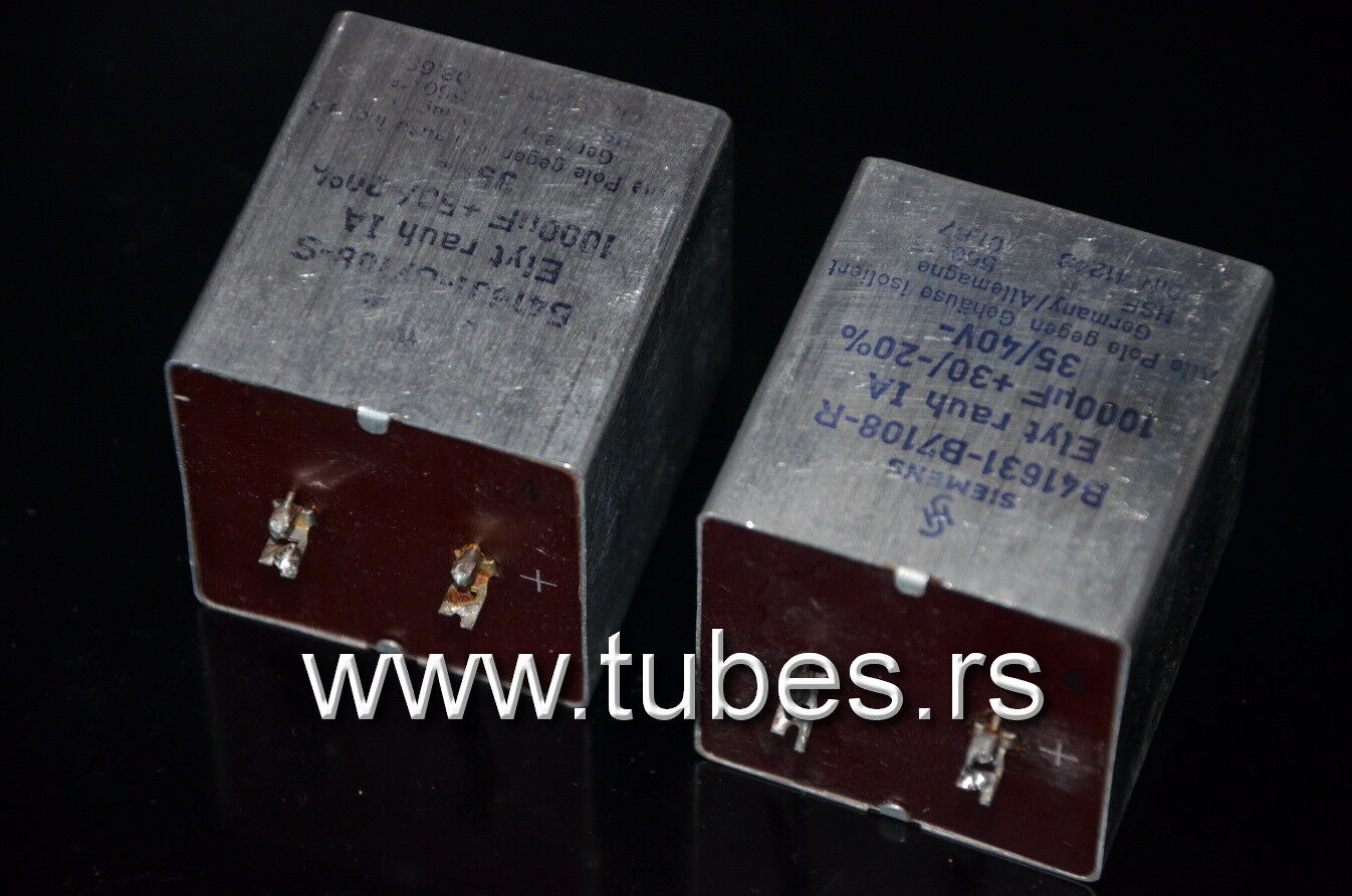 Two vintage Siemens electrolytic capacitors 1000uF 35V Klangfilm, West Germany