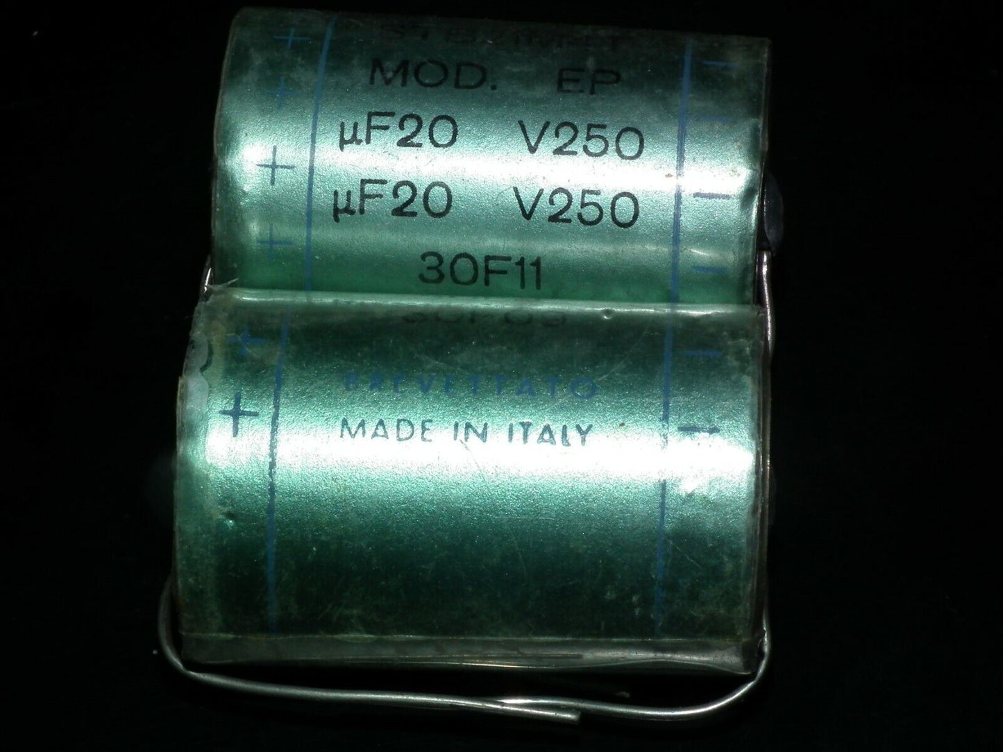 Two vintage NOS capacitors 20uF 250V ICAR Stabilitic Condensatore Elettrolitico