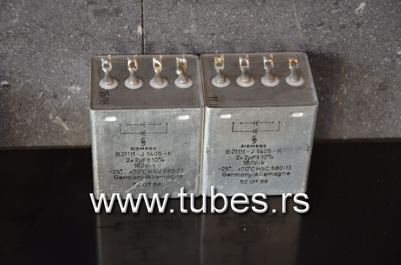 Two vintage Siemens PIO capacitors 2 + 2 uF 160V Klangfilm late 60s West Germany