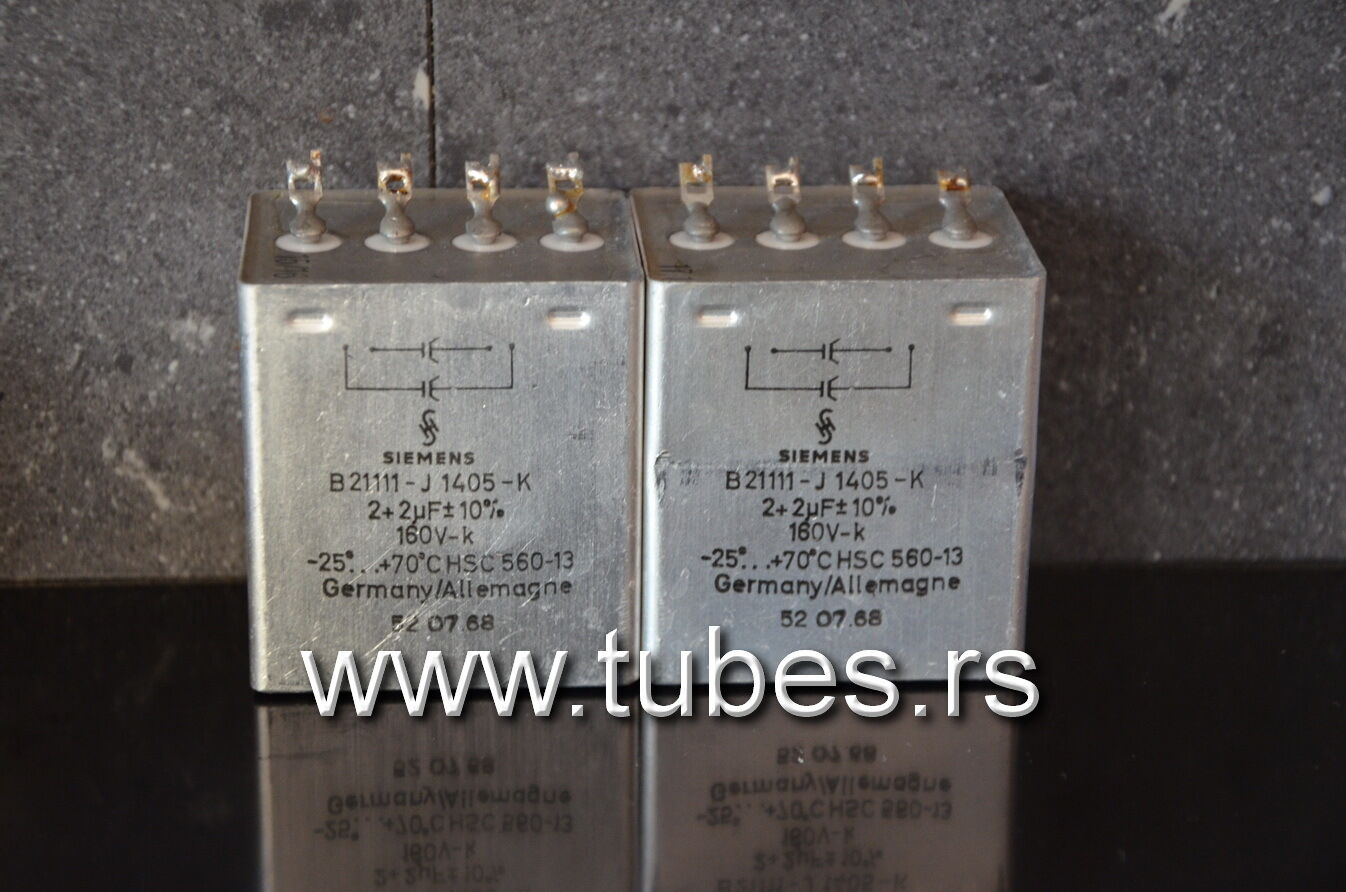 Two vintage Siemens PIO capacitors 2 + 2 uF 160V Klangfilm late 60s West Germany