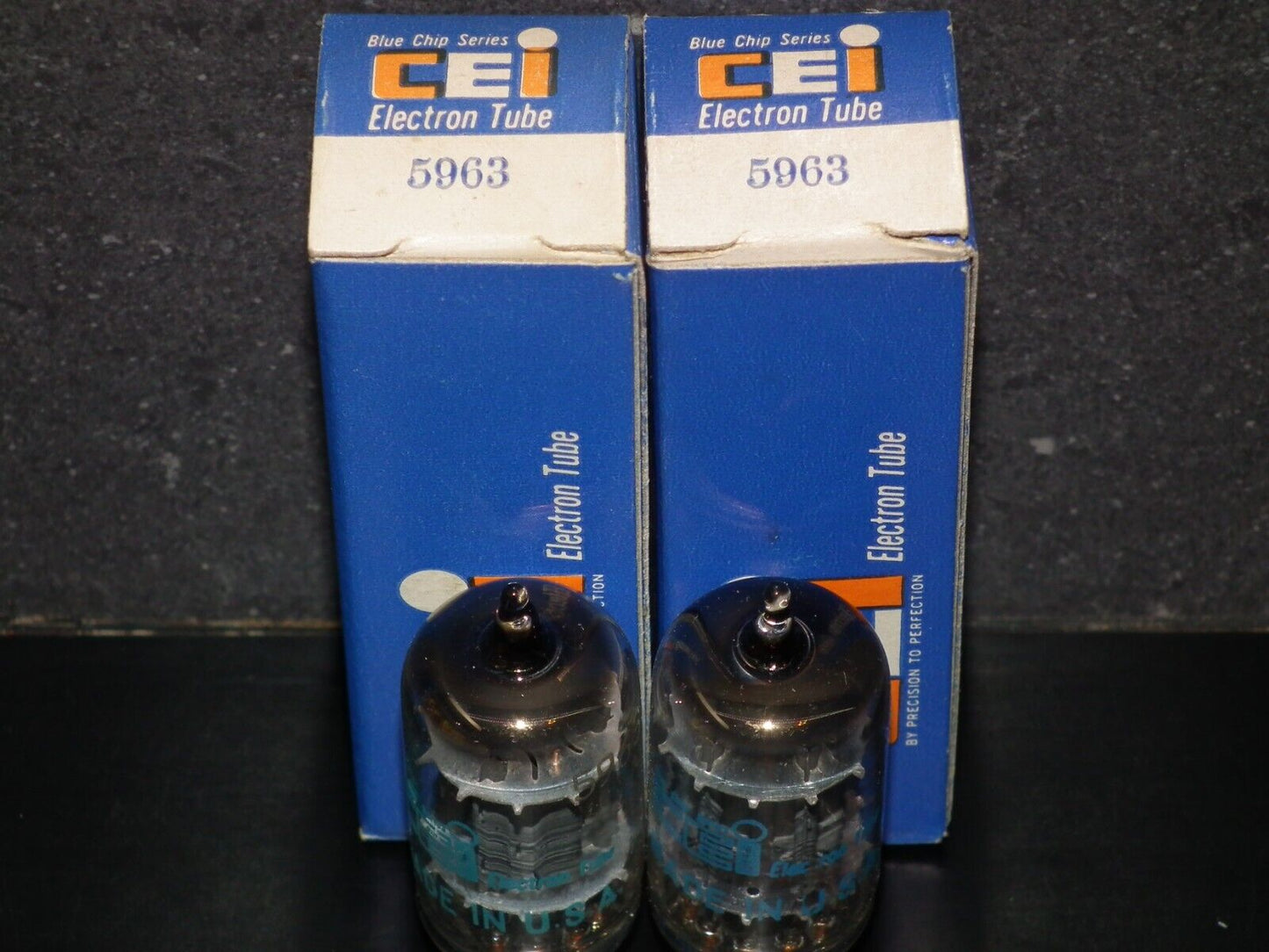 5963 CEI Made in USA 12AU7 ECC82 NOS Matched pair Long Box Plates Big O Getter